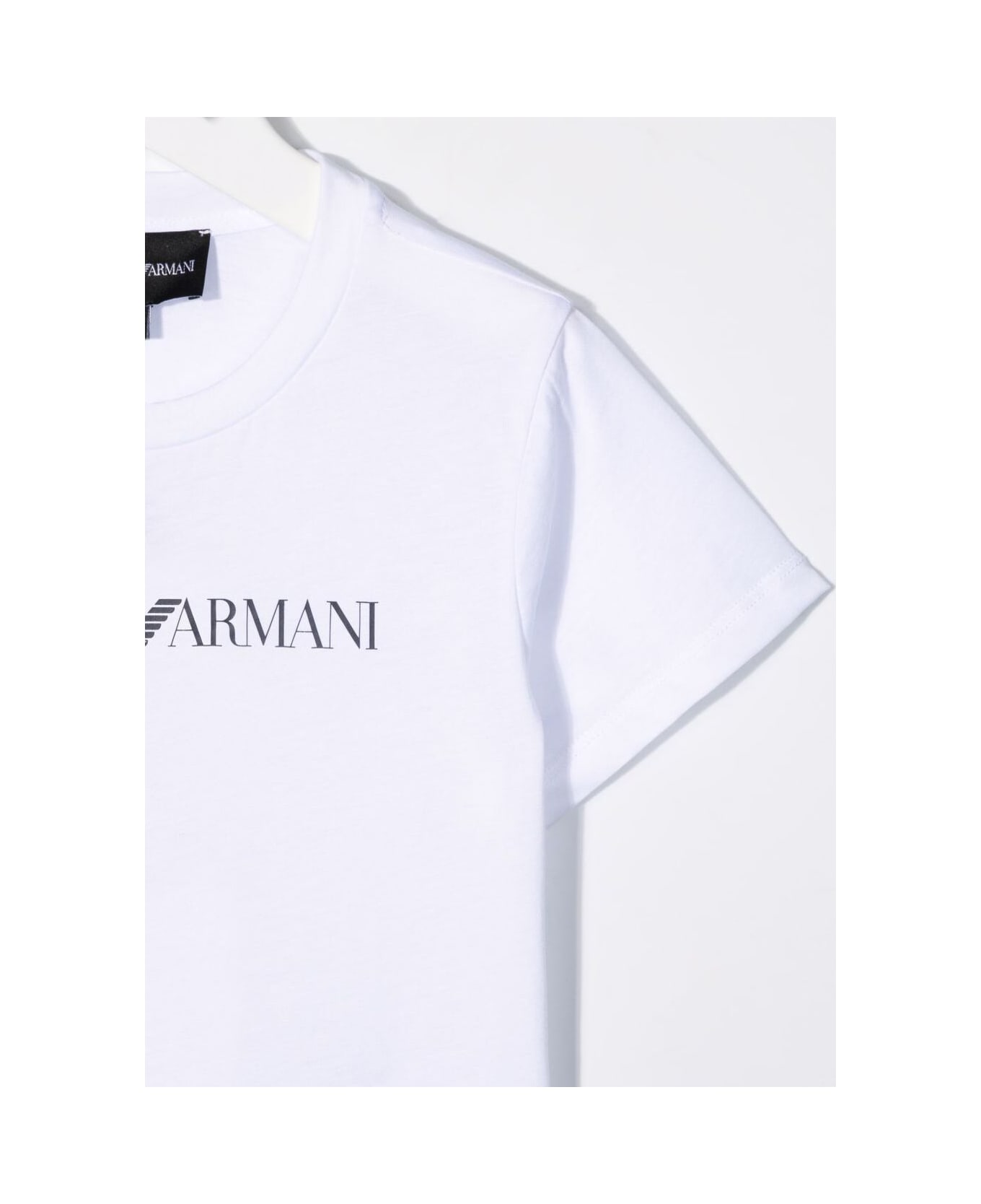 Emporio Armani White Round Neck T-shirt With Logo Print In Cotton Boy - WHITE