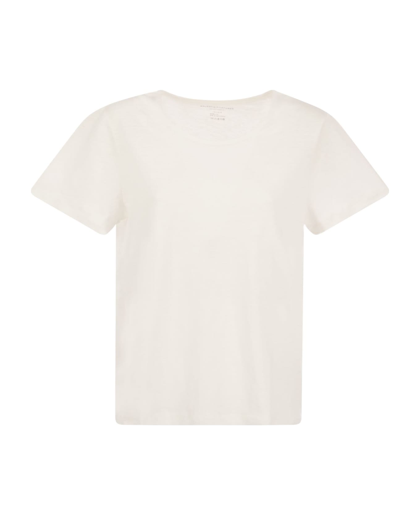 Majestic Filatures Crew-neck T-shirt In Linen And Short Sleeve - White