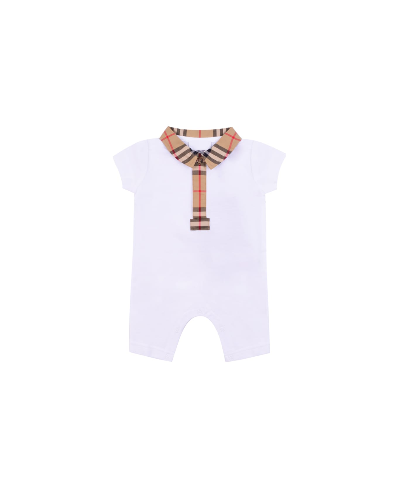 Burberry Romper In Cotton Piqué With Tartan Finishes - White