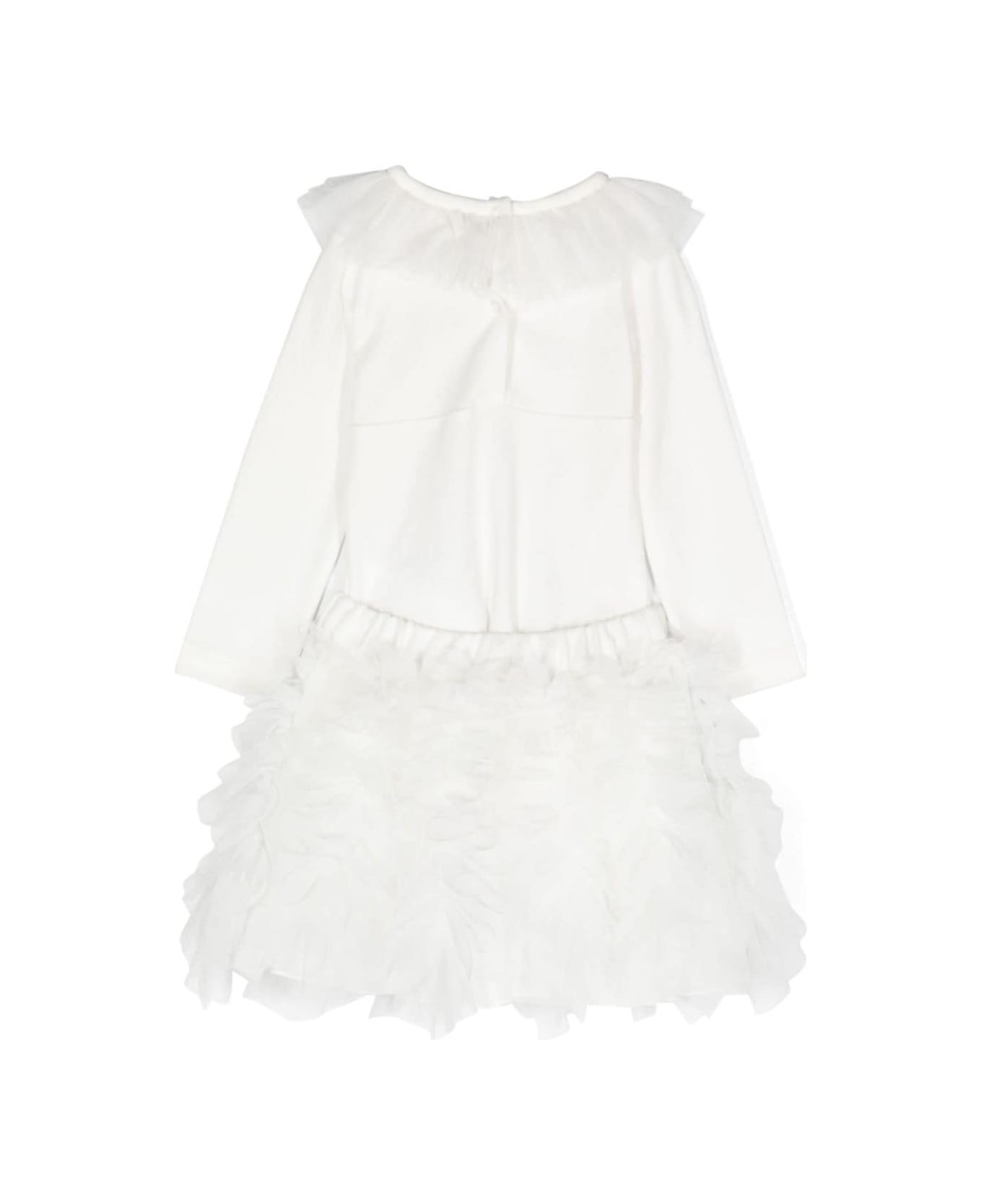 Monnalisa White Three Piece Set With Ruches In Fabric And Tulle Girl - White ボディスーツ＆セットアップ