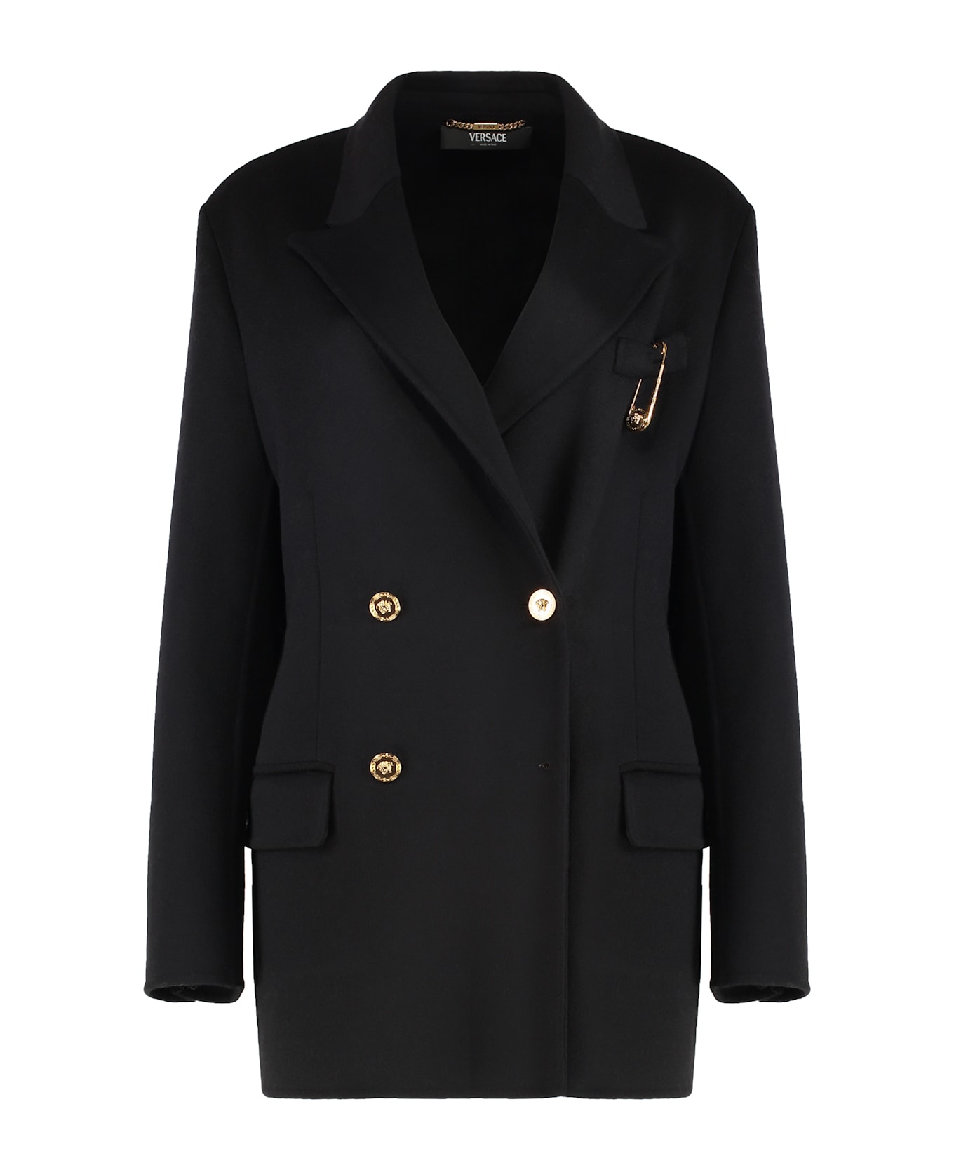 Versace Double-breasted Coat In Cashmere Blend - black
