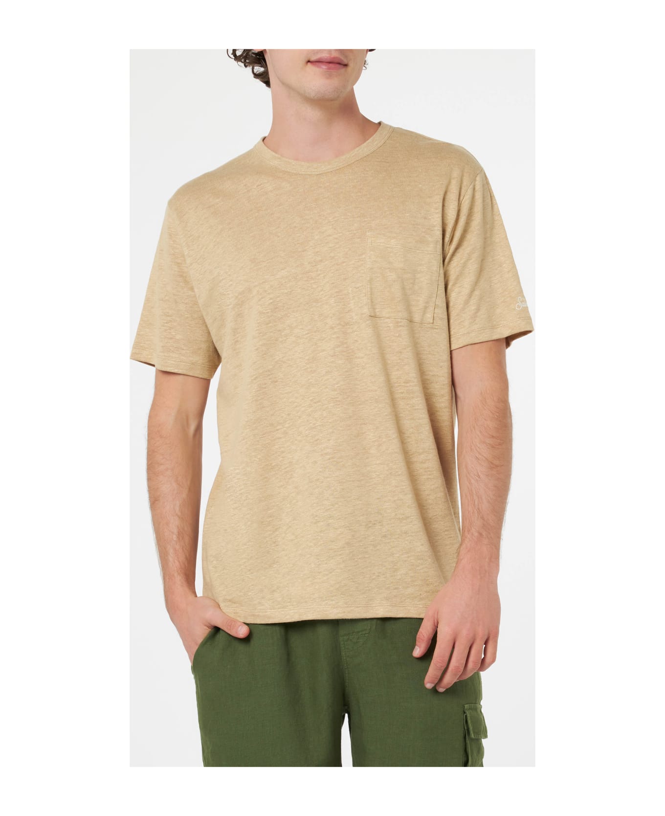 MC2 Saint Barth Man Beige Linen Jersey T-shirt Ecstasea With Pocket - WHITE