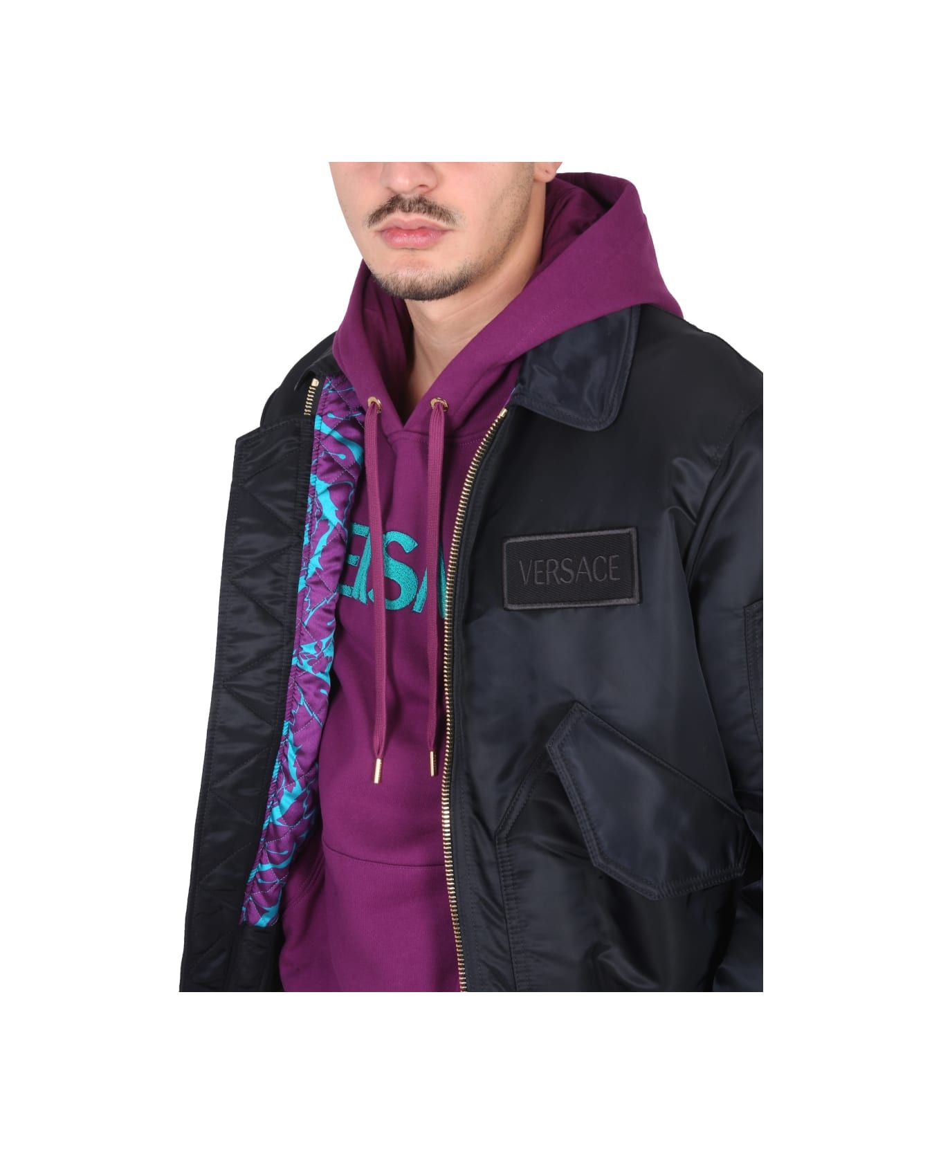 Versace Bomber Jacket With Applied Logo - BLACK