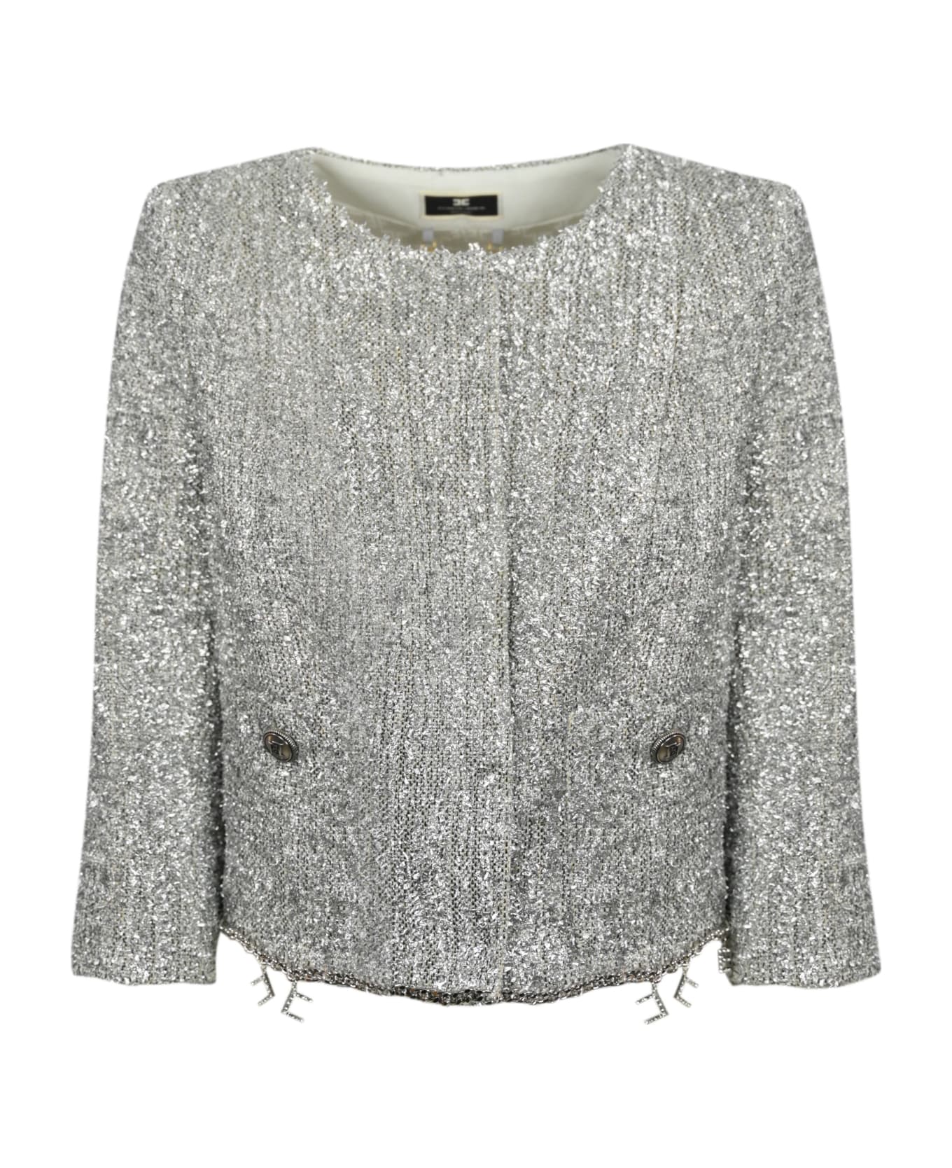 Elisabetta Franchi Lurex Tweed Jacket With Pendants - Argento