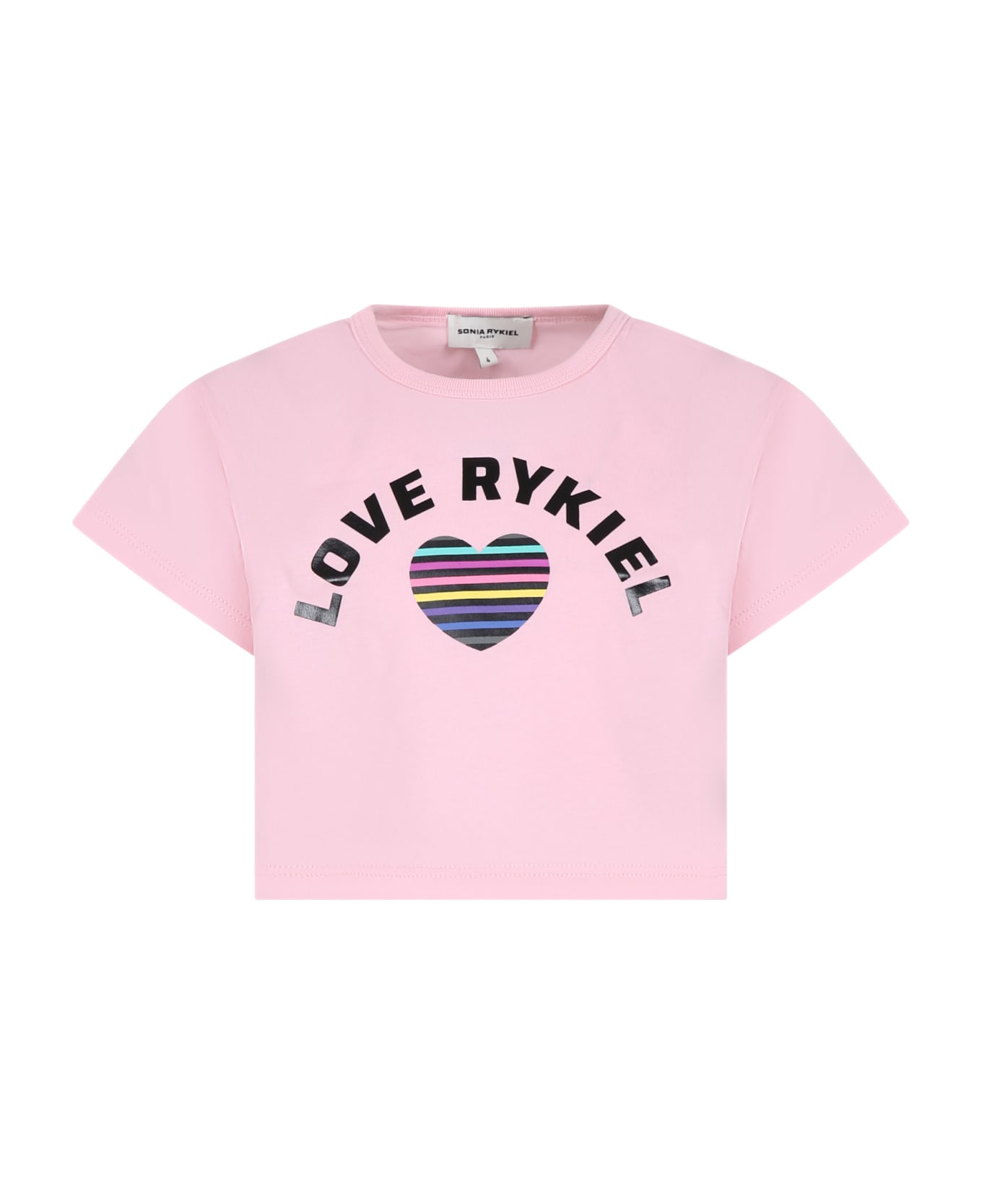 Rykiel Enfant Pink Crop T-shirt For Girl With Logo And Heart - Pink Tシャツ＆ポロシャツ