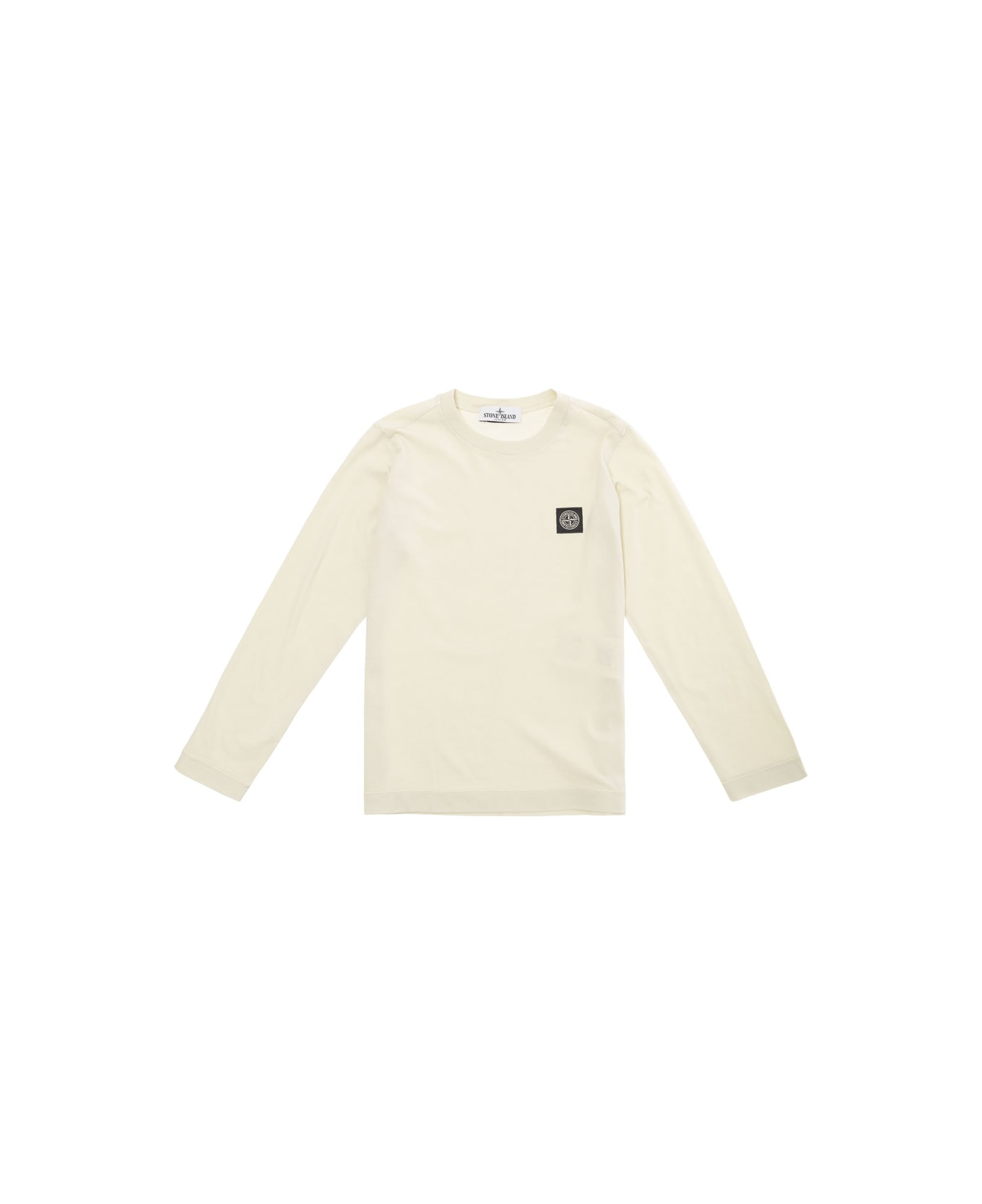 Stone Island Junior White Long Sleeve T-shirt With Logo Patch In Cotton Boy - White