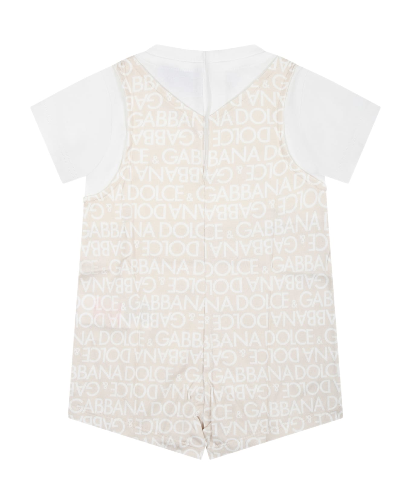 Dolce & Gabbana Beige Romper For Babies With Tiger And All-over Logo - Beige