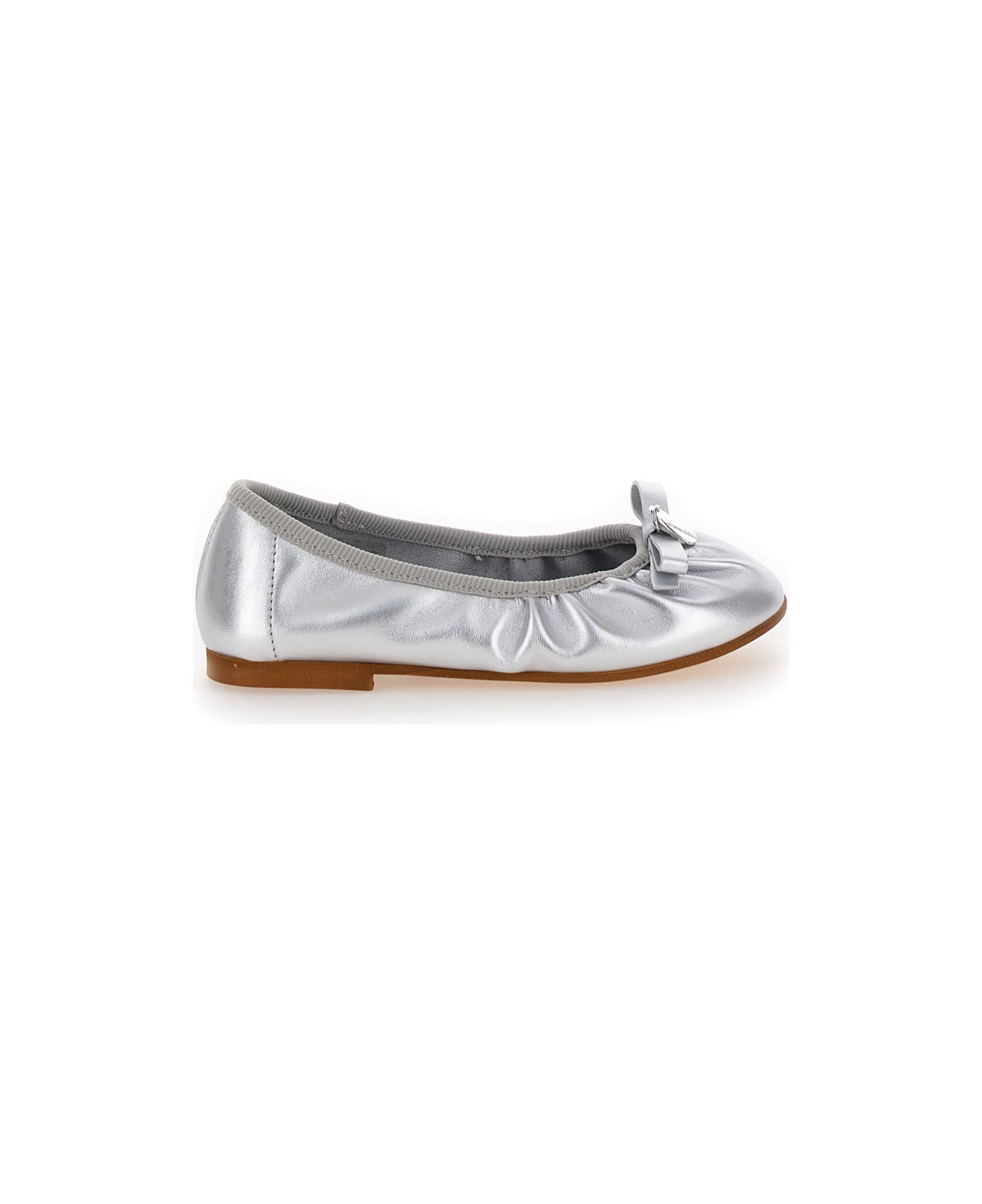Monnalisa Silver Ballet Flats With Logo Charm In Laminated Leather Girl - Metallic