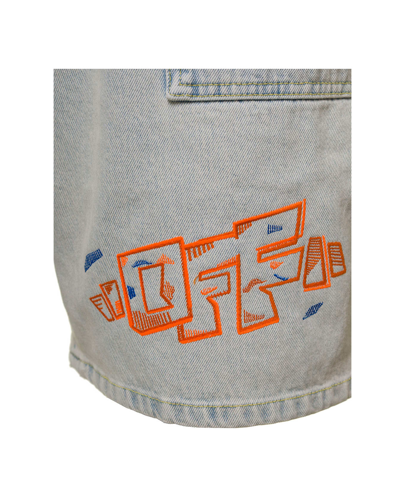 Off-White Light Blue Shorts With Logo Embroidery At The Front In Cotton Denim Man - Light blue