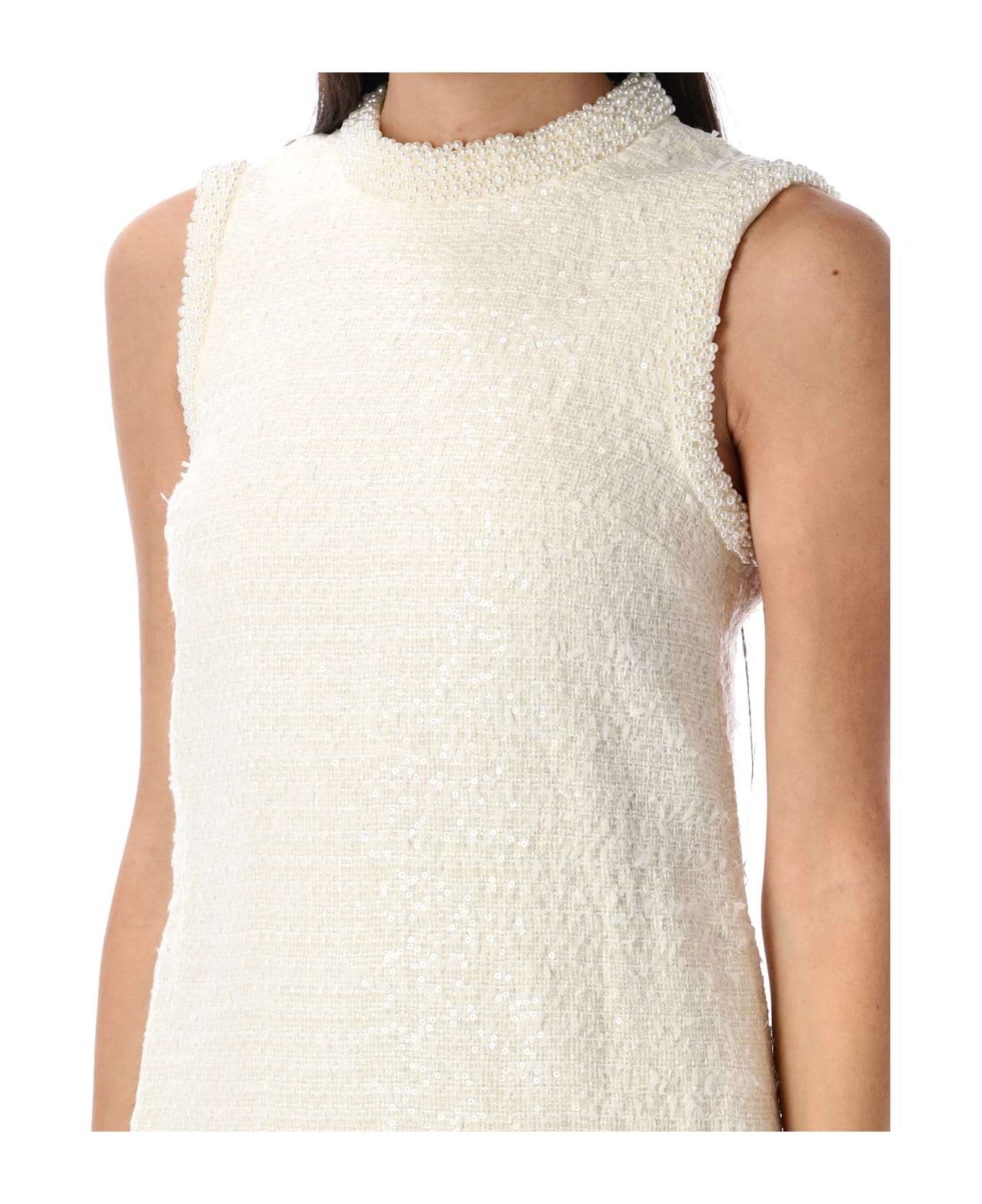 self-portrait Bouclé Pearl Trim Mini Dress - CREAM