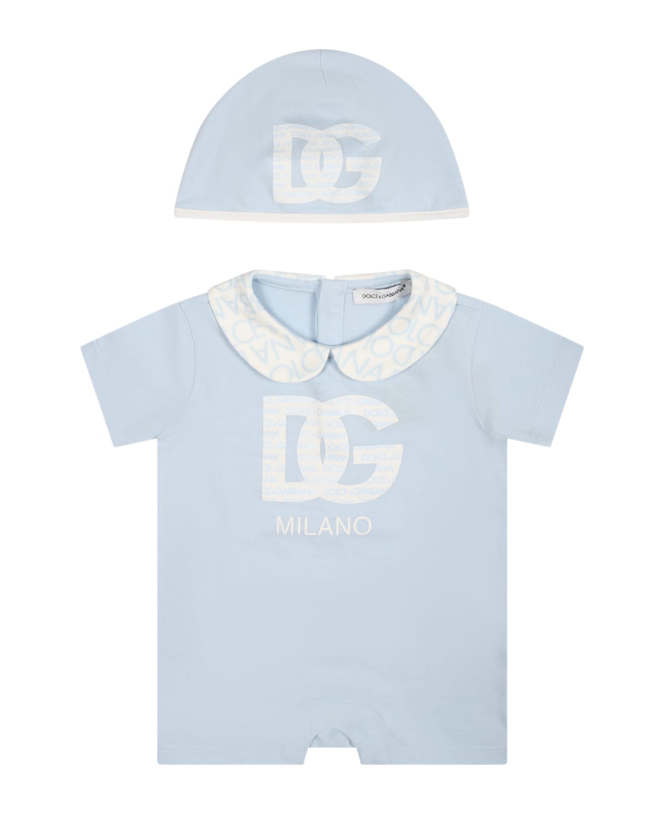 Dolce & Gabbana Light Blue Romper Suit For Baby Boy With Logo - Light Blue ボディスーツ＆セットアップ