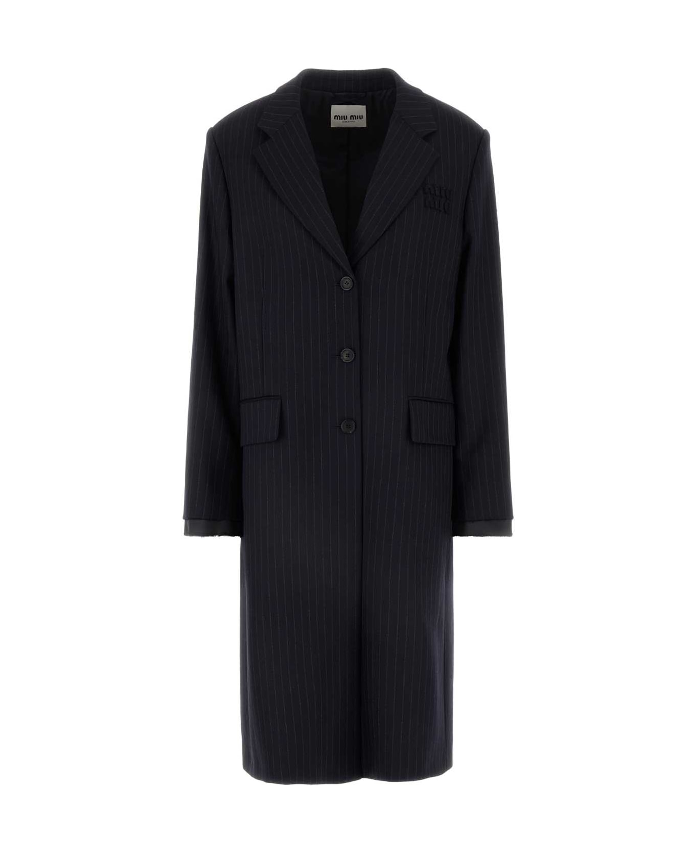 Miu Miu Embroidered Stretch Wool Blend Coat - BLEU