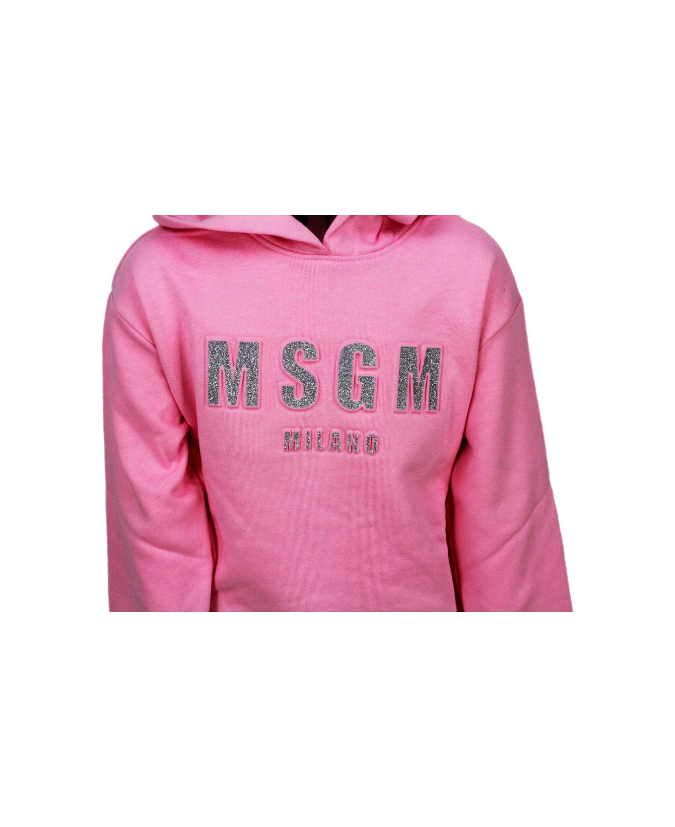 MSGM Long-sleeved Hooded Sweatshirt With Embossed Writing With Lurex - Pink ニットウェア＆スウェットシャツ