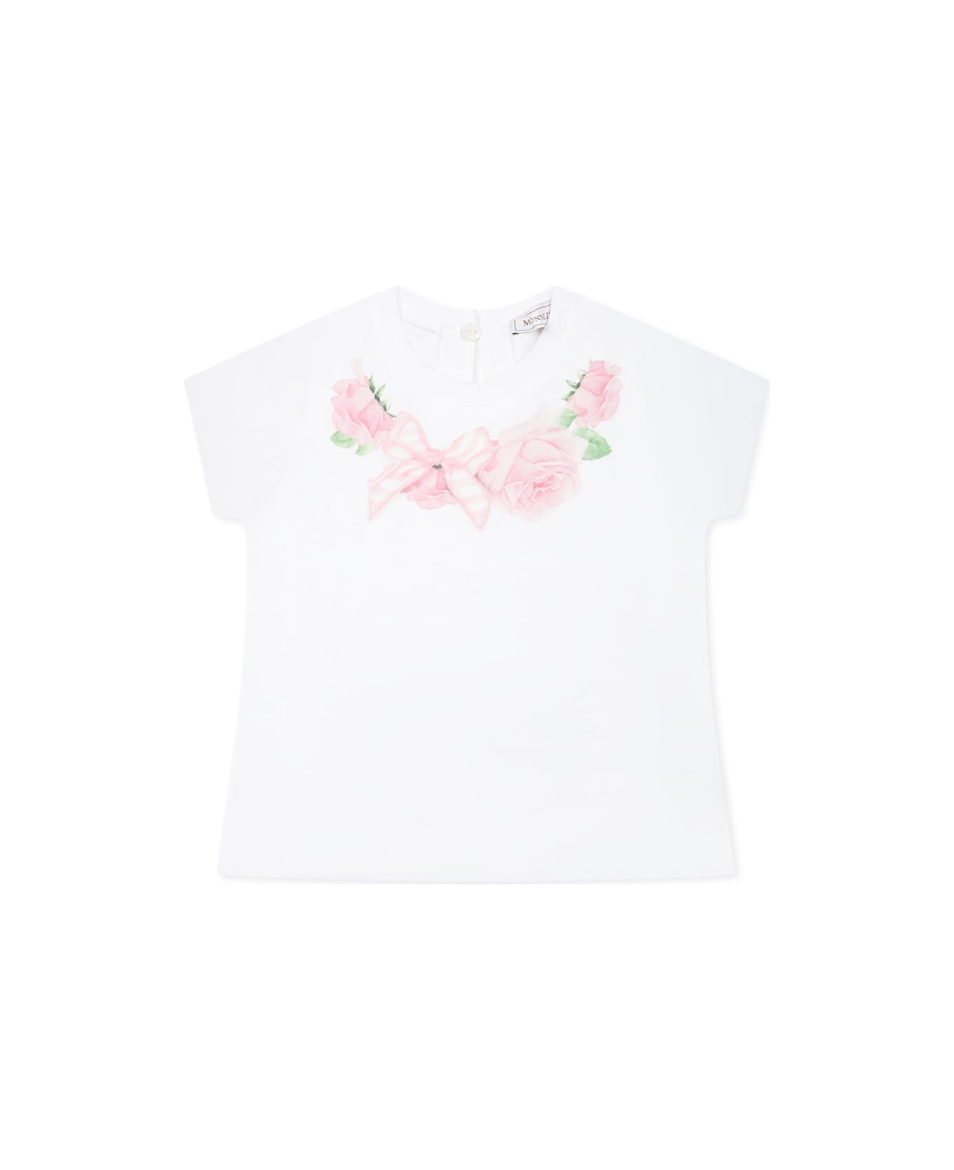 Monnalisa White T-shirt For Baby Girl With Rose Print - White
