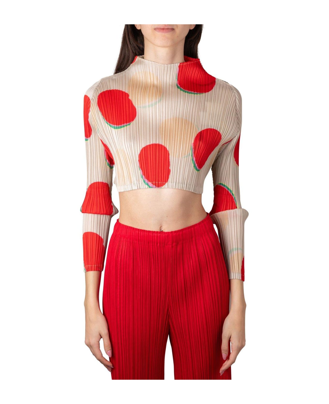 Pleats Please Issey Miyake Bean Dots High-neck Pleated Cropped Top - Red