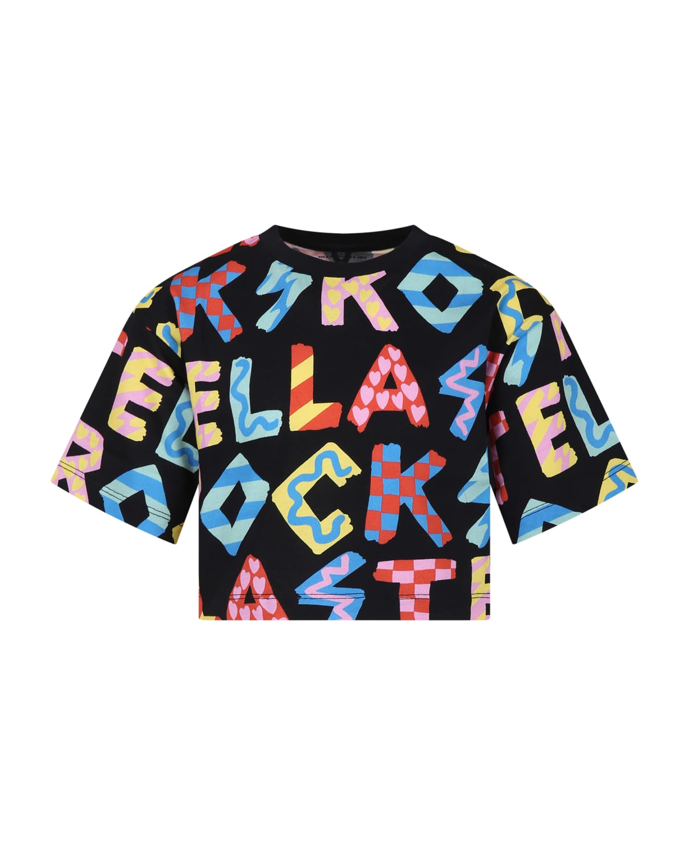 Stella McCartney Kids Black T-shirt For Girl With All-over Multicolor Print - Black