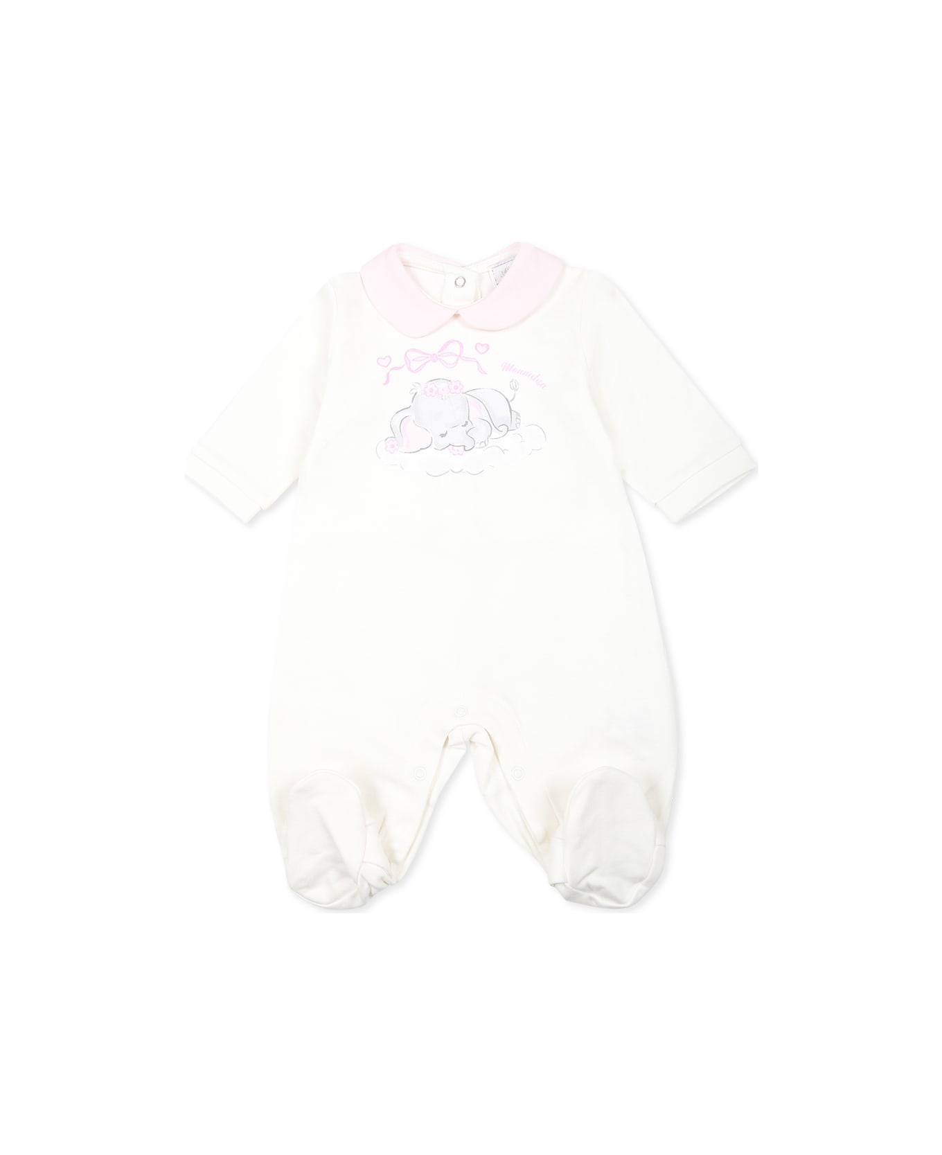 Monnalisa White Babygrow Set For Baby Girl With Elephant - Cream