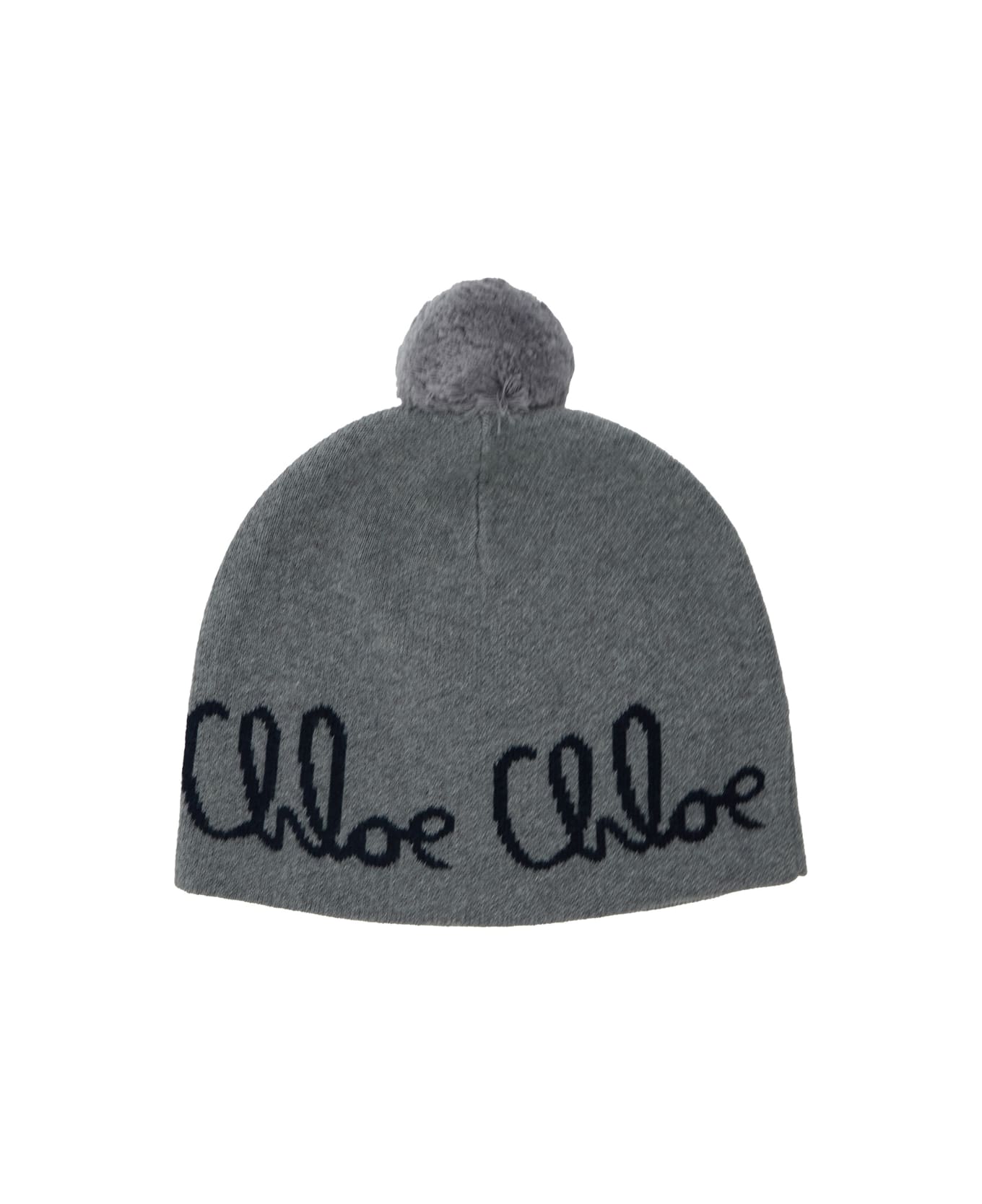 Chloé Grey Beanie With Pompon And Logo Lettering In Wool And Cotton Girl - Grey アクセサリー＆ギフト