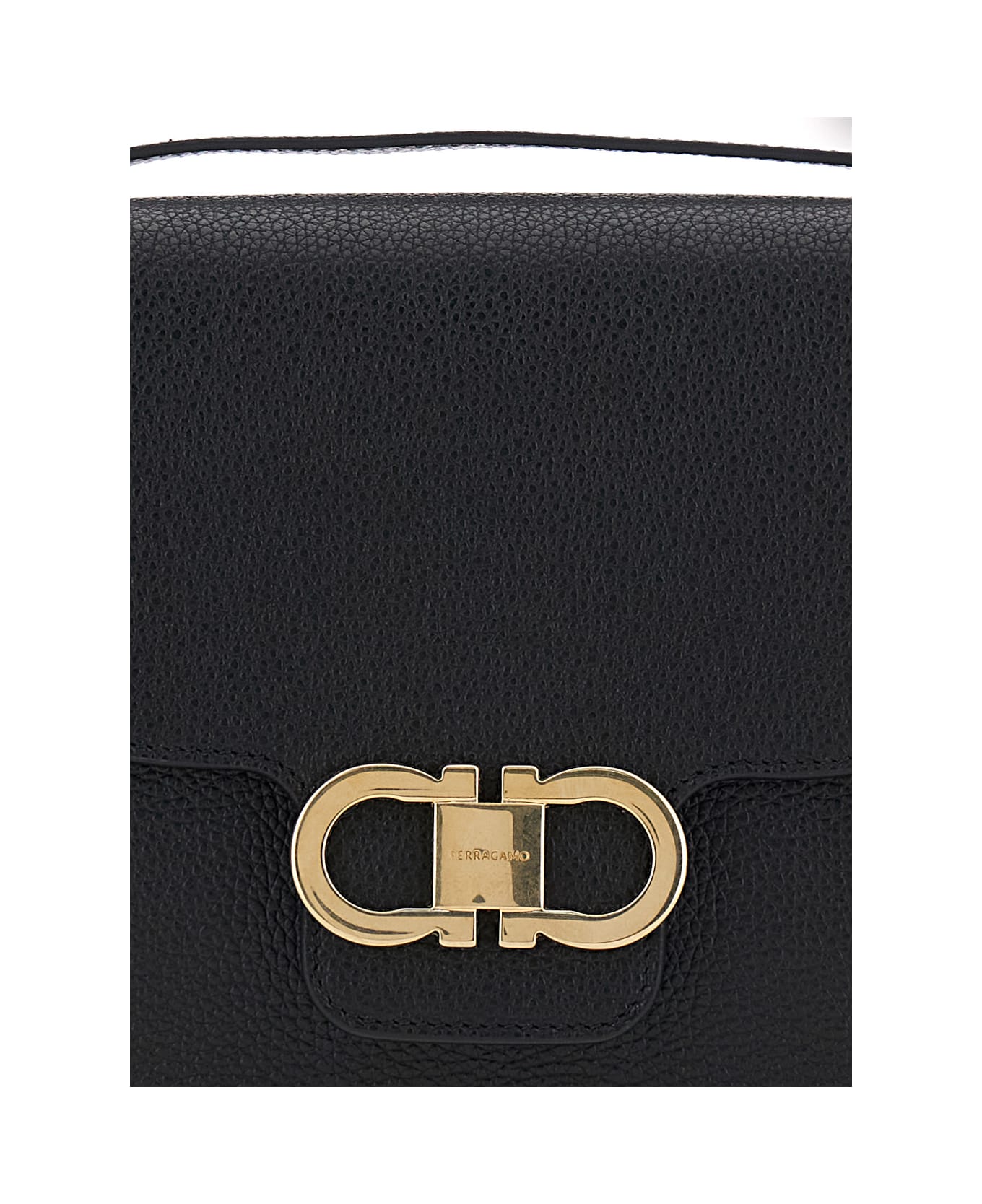 Ferragamo Black Crossbody Bag With Double Gancini Plaque On The Front In Grained Leather Woman - Black