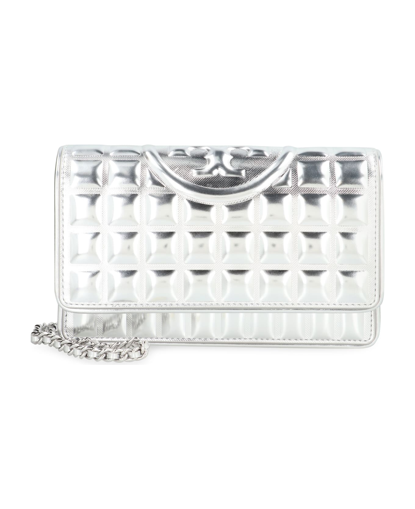 Tory Burch Fleming Leather Wallet On Chain - silver