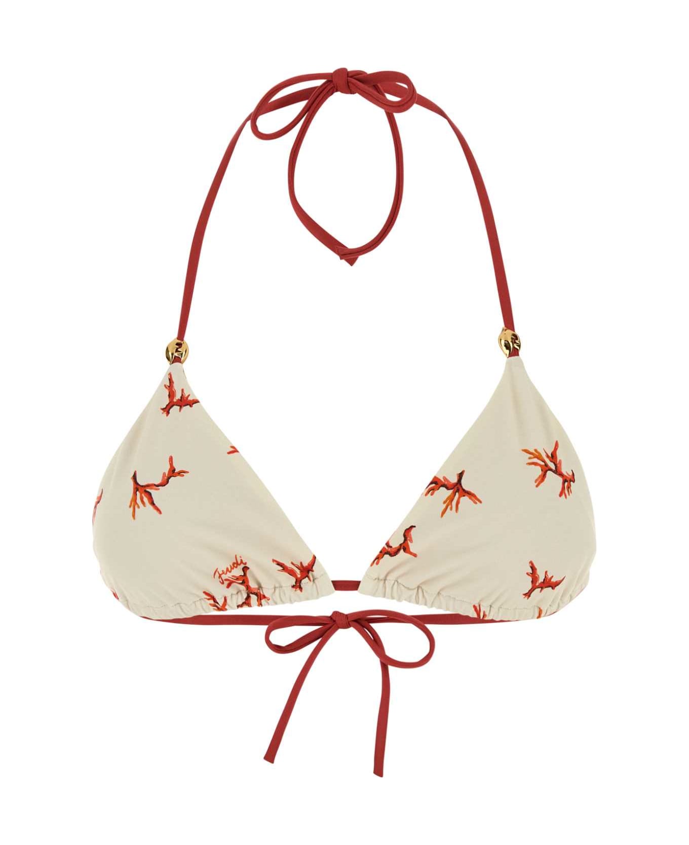 Fendi Printed Stretch Nylon Bikini Top - OFFWHITE+MARSALA