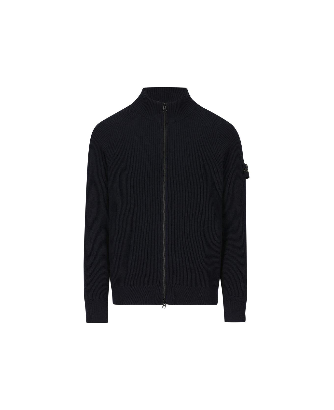 Stone Island Logo Patch Zip-up Ribbed Cardigan - BLUE