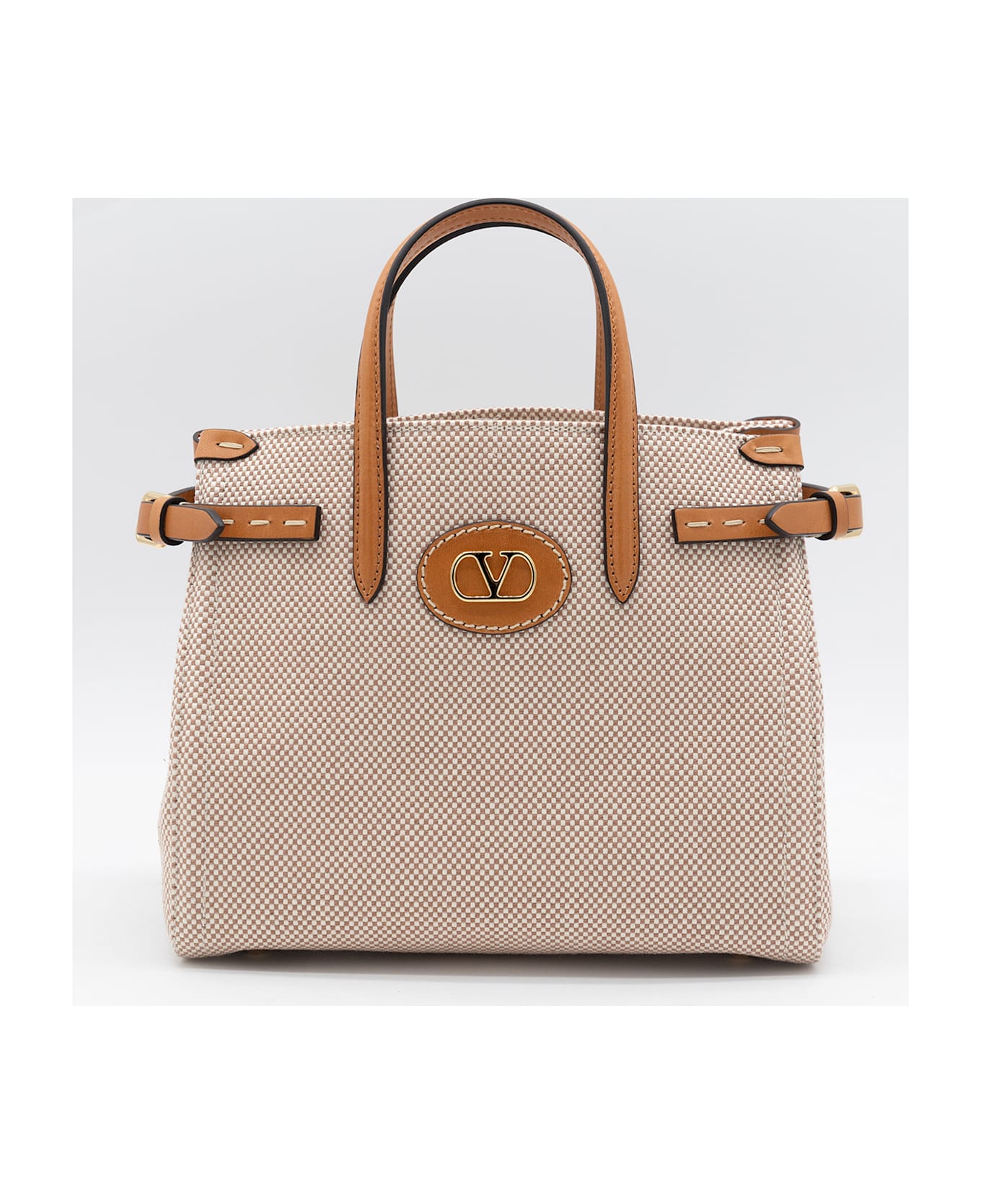 Valentino Garavani Natural Cotton Antibes Mini Totes - Leather Brown