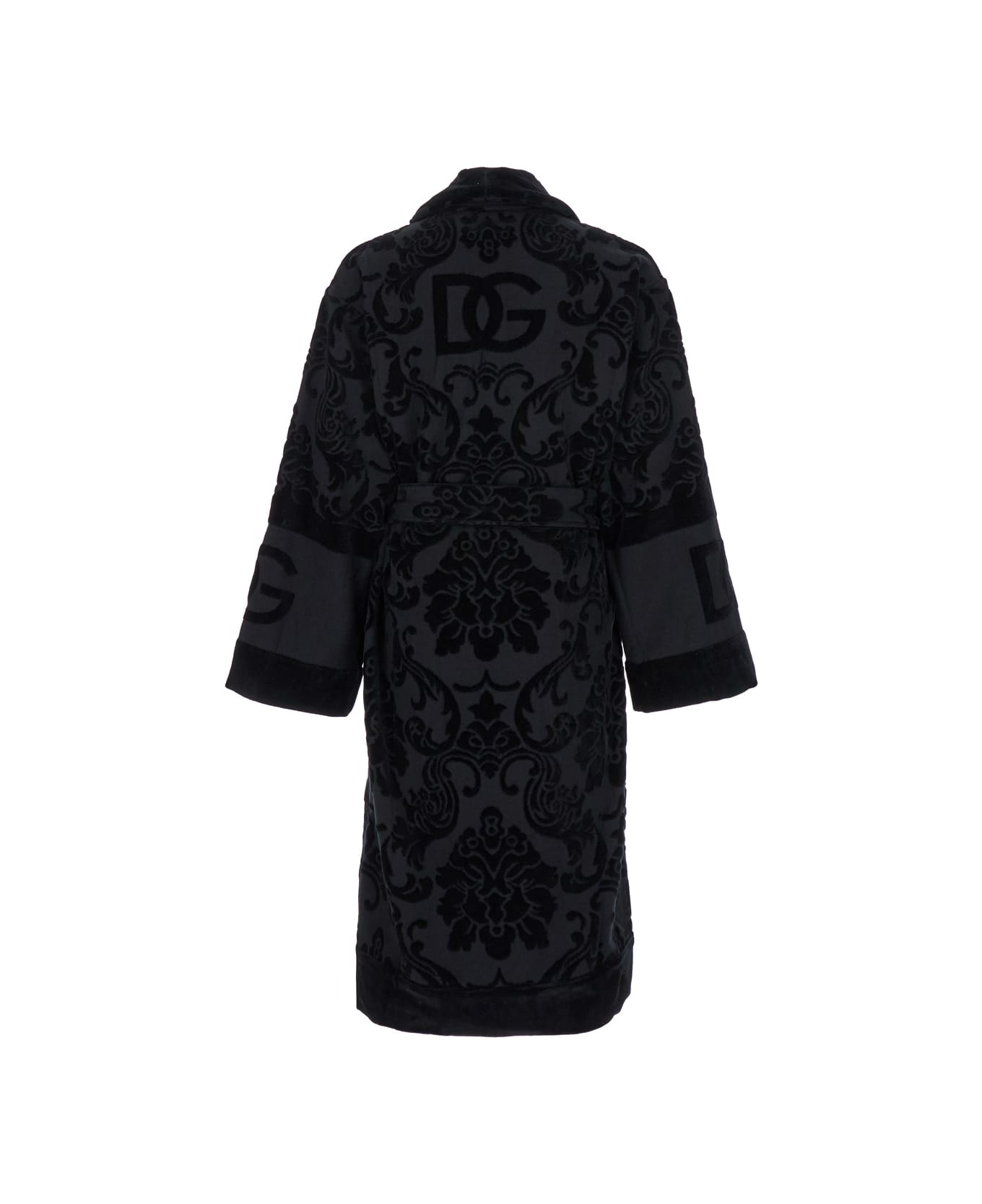 Dolce & Gabbana Black Bath Robe With Matching Belt In Terry Cotton Jacquard - Black