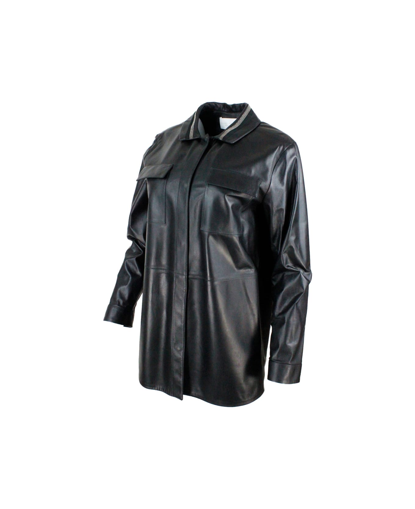 Fabiana Filippi Leather Shirt Jacket With Button Closure, With Belt And With Monile On The Collar - Black