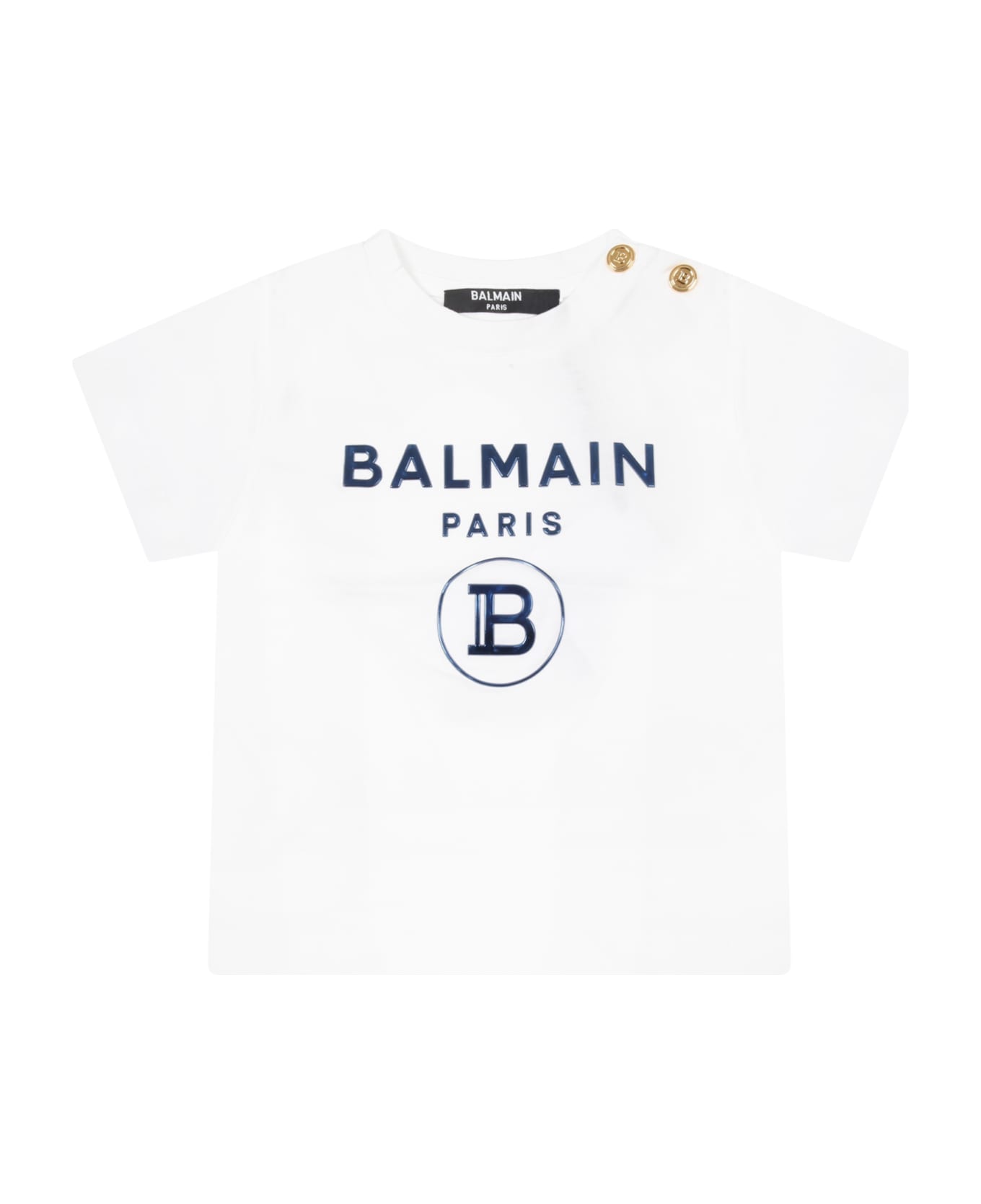 Balmain White T-shirt For Babykids With Double Blue Logo - White