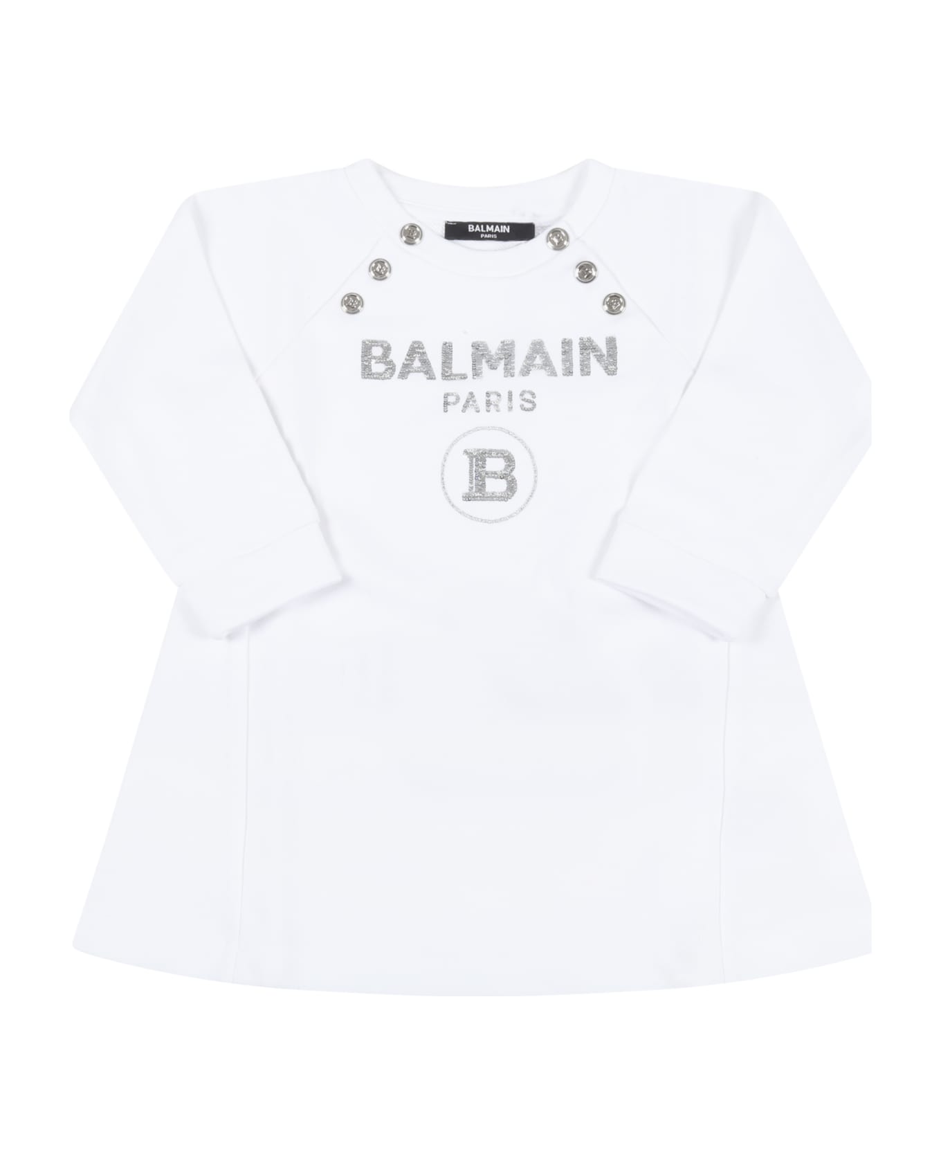 Balmain White Dress For Baby Girl With Silver Logo - White