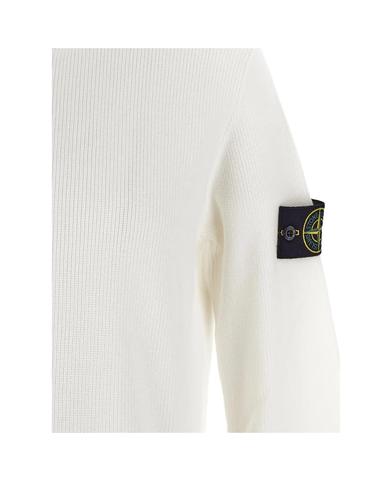 Stone Island Logo Patched Knit Crewneck Sweatshirt - White
