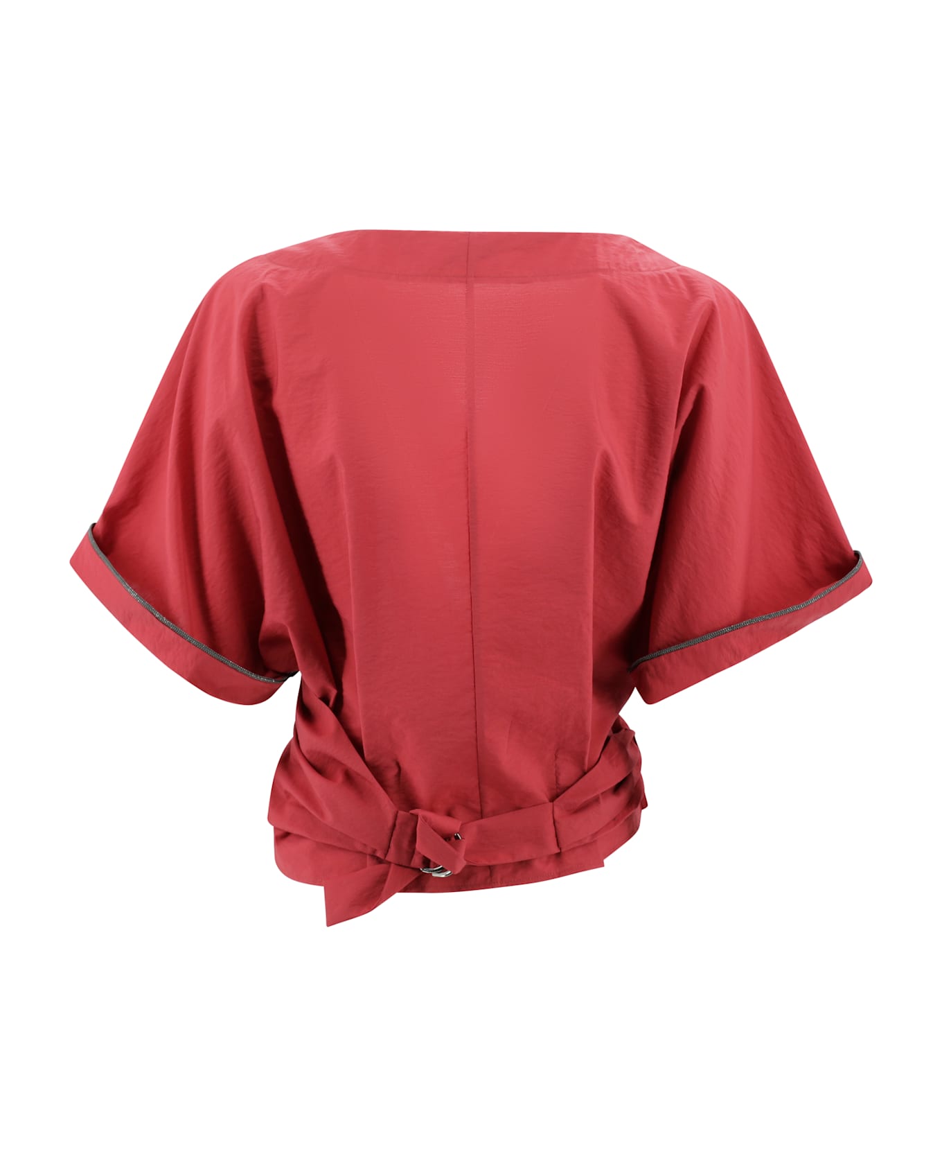 Brunello Cucinelli Red Shirt With V-neck And Monili Detail In Cotton Woman - Red ワンピース＆ドレス