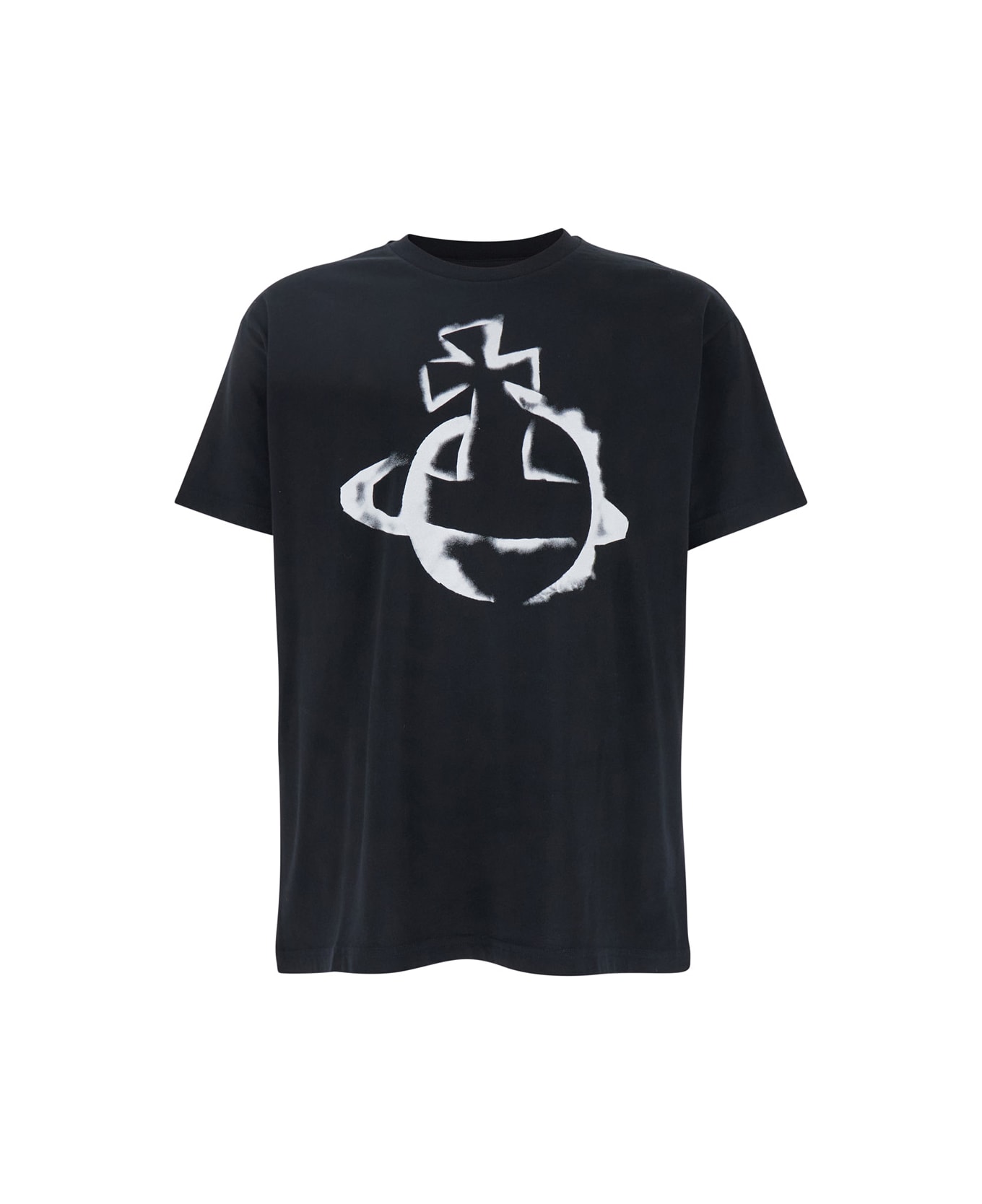 Vivienne Westwood Black Crewneck T-shirt With Maxi Orb Logo Print On The Front In Cotton Man - Black