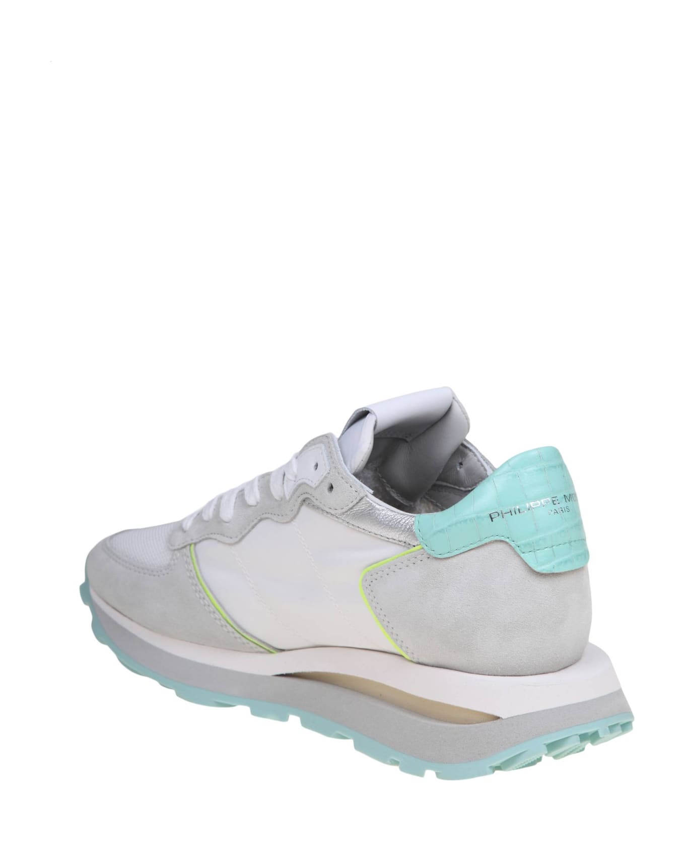 Philipp Plein Philippe Model Tropez Sneakers In Suede And Nylon Color White And Turquoise - WHITE