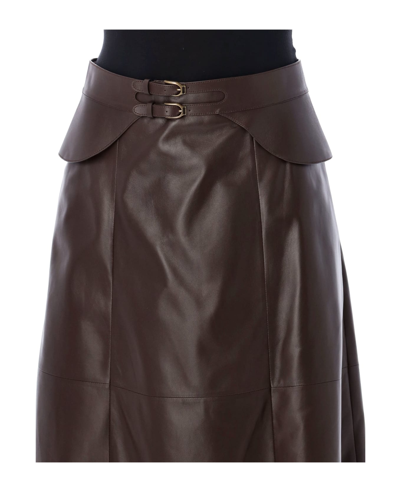 Ralph Lauren Godet Selleria Midi Leather Skirt - BROWN MOKA