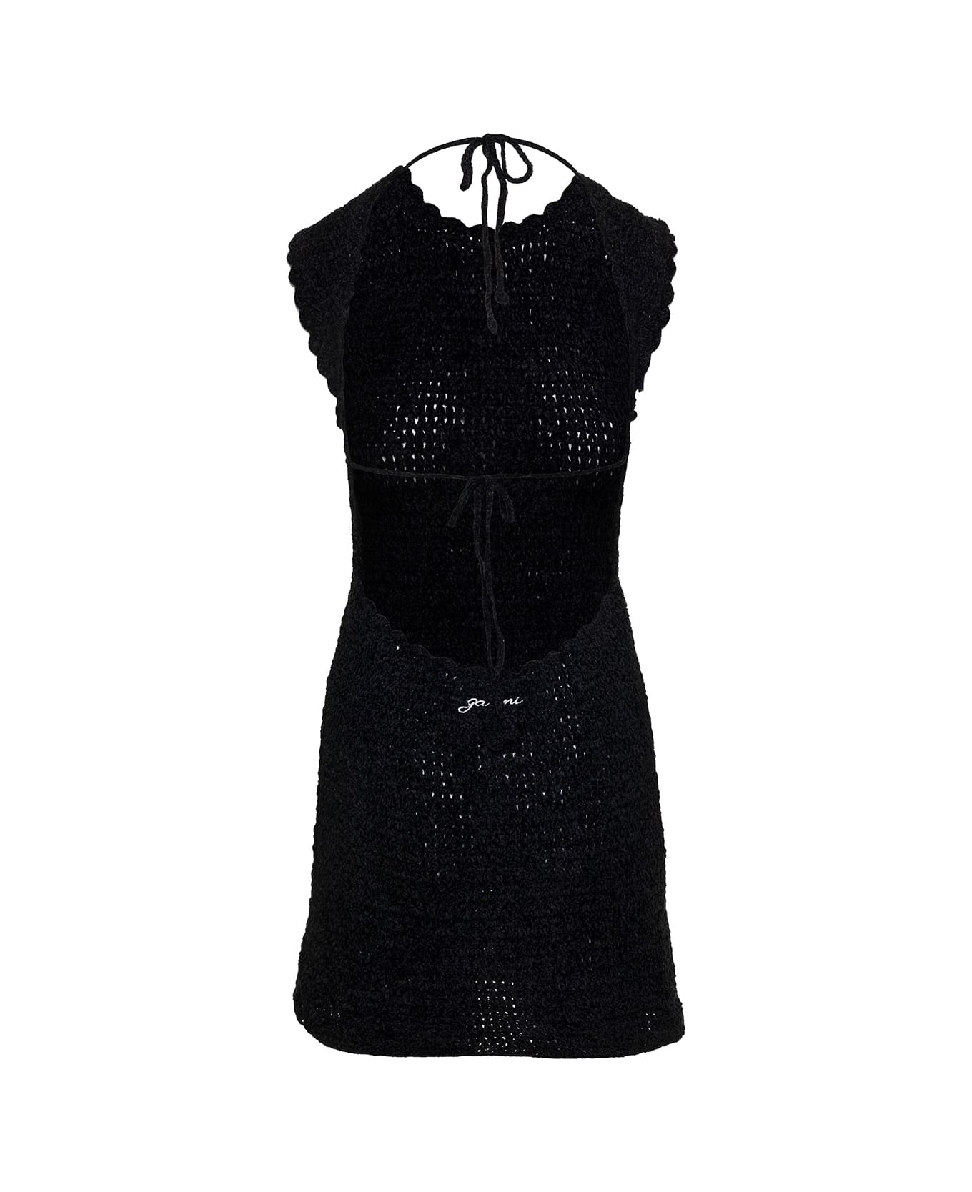 Ganni Mini Black Backless Dress With Logo Embroidery In Crochet Woman - Black