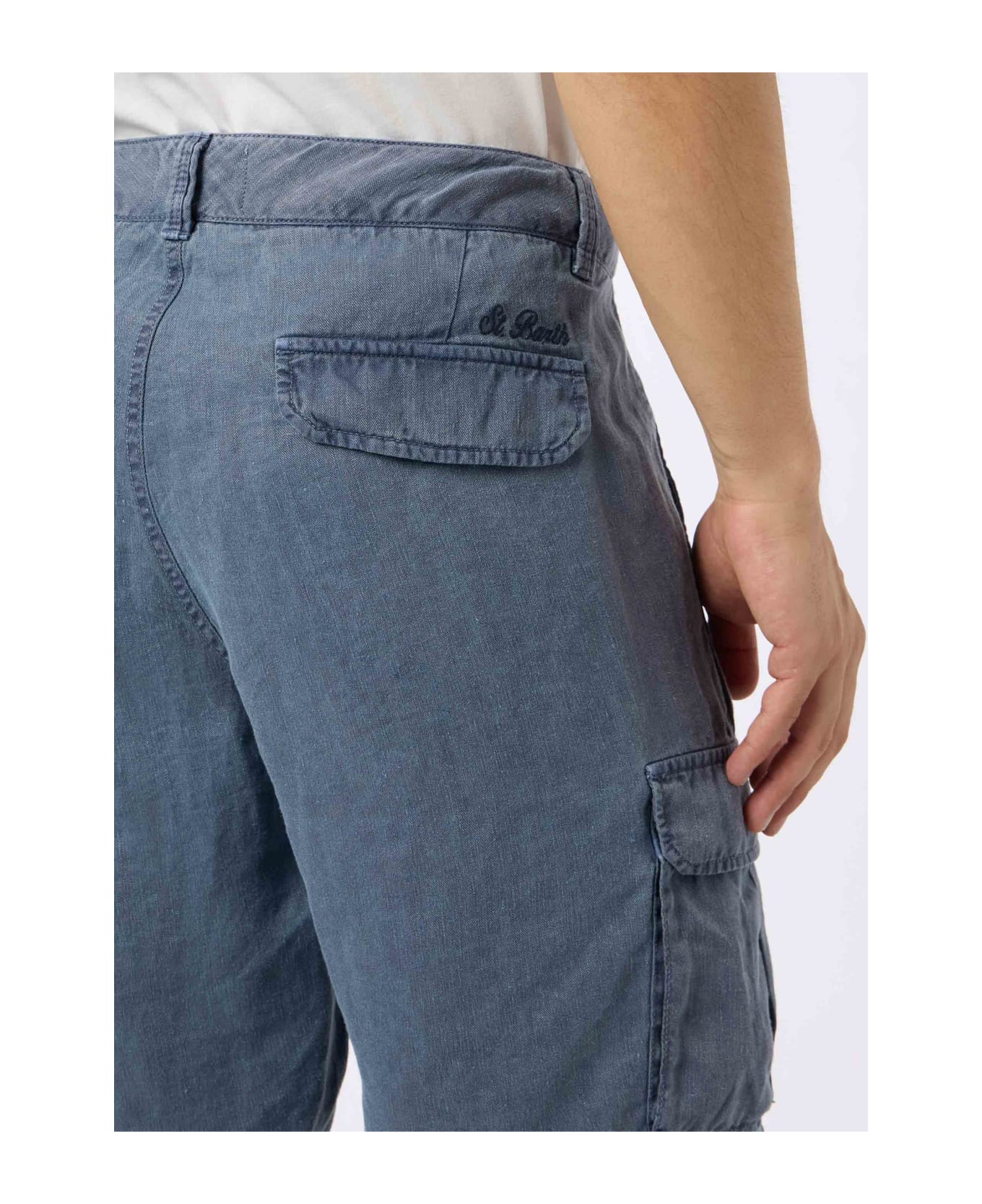 MC2 Saint Barth Man Navy Blue Linen Bermuda Shorts Rodi - BLUE