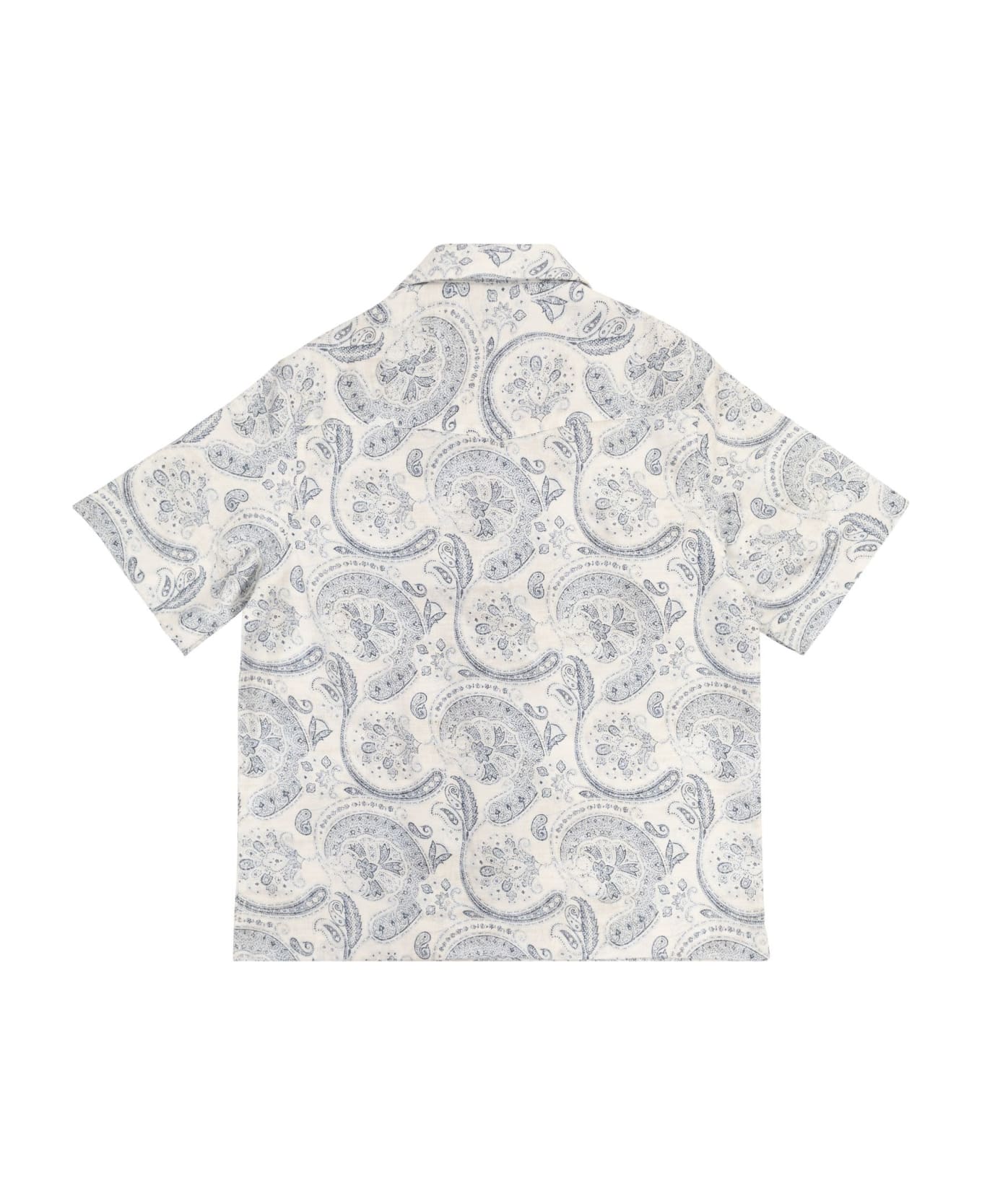 Brunello Cucinelli Paisley Print Linen Short-sleeved Shirt With Camp Collar - White/blue シャツ