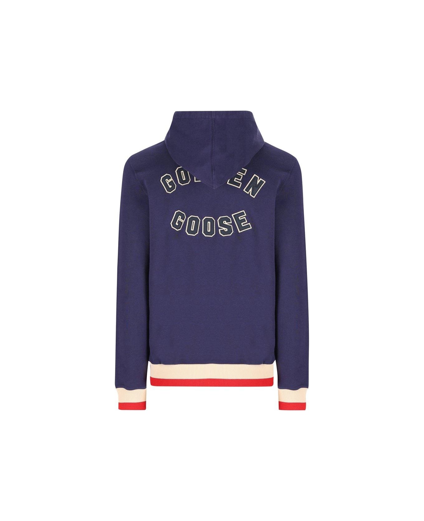 Golden Goose Logo Detailed Drawstring Hoodie - Blue