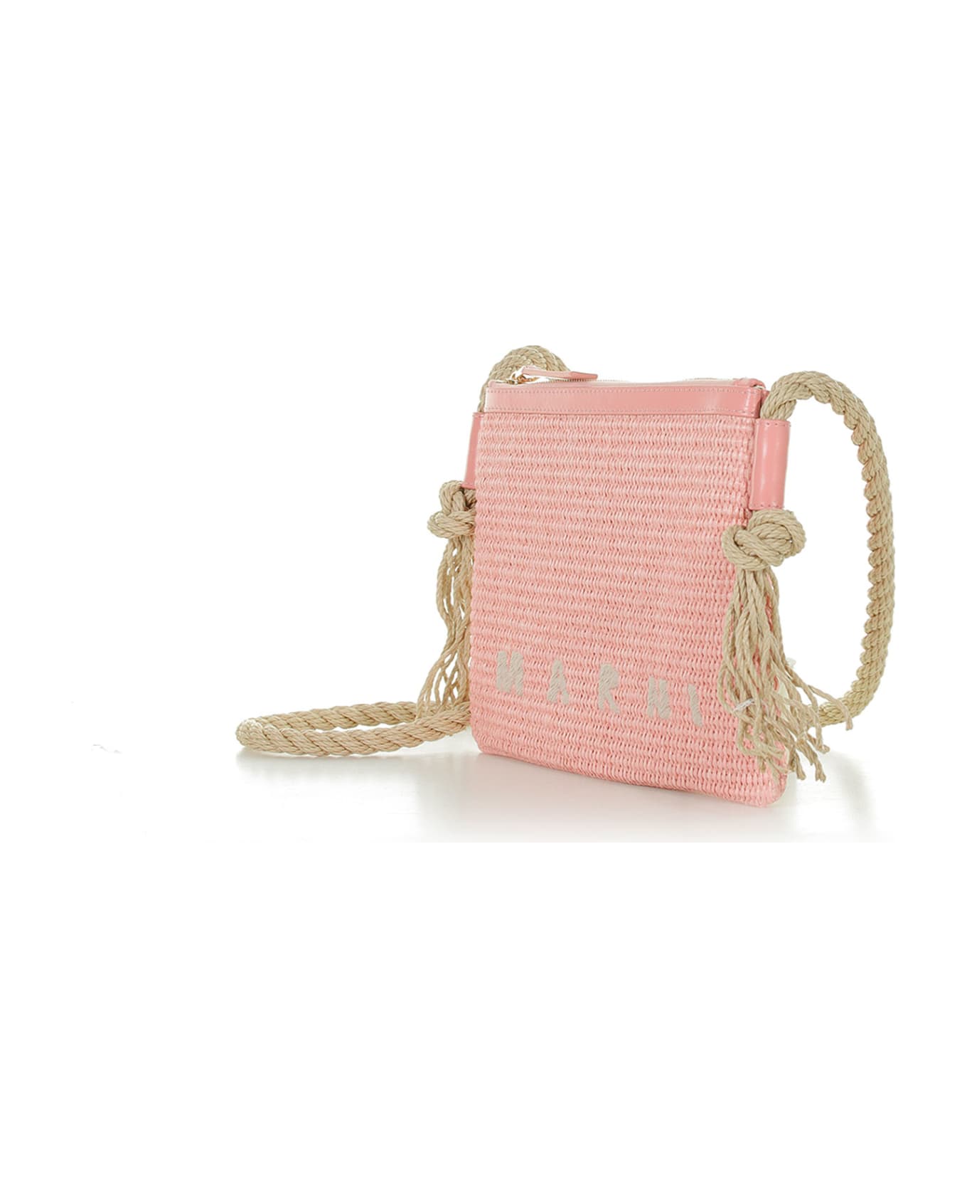 Marni Shoulder Bag In Raffia Fabric With Leather Profiles - LIGHT PINK/LIGHT PINK