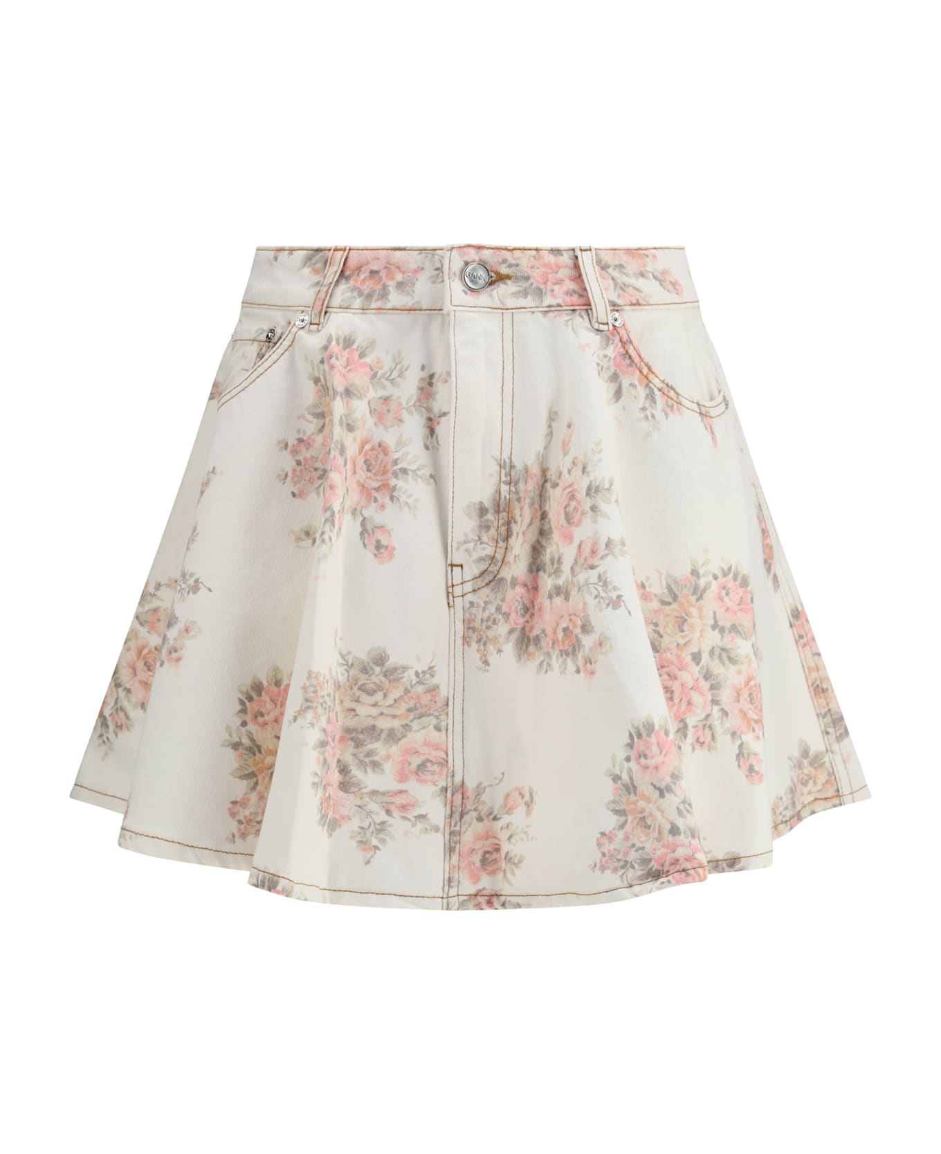 Ganni Floral Print Denim Miniskirt - IVORY