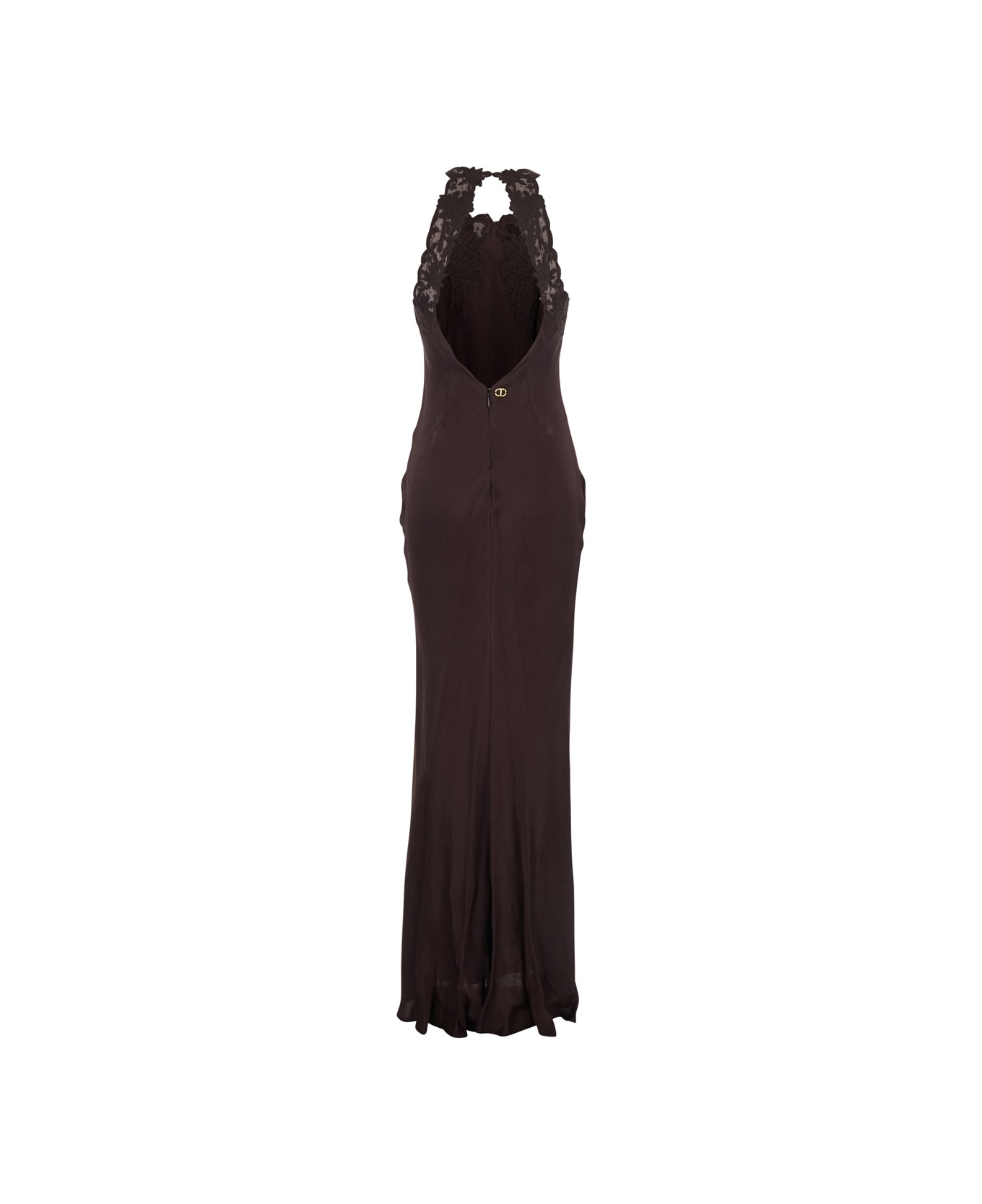 TwinSet Brown Halterneck Long Dress With Lace Embellishment On The Rear In Viscose Woman - Brown