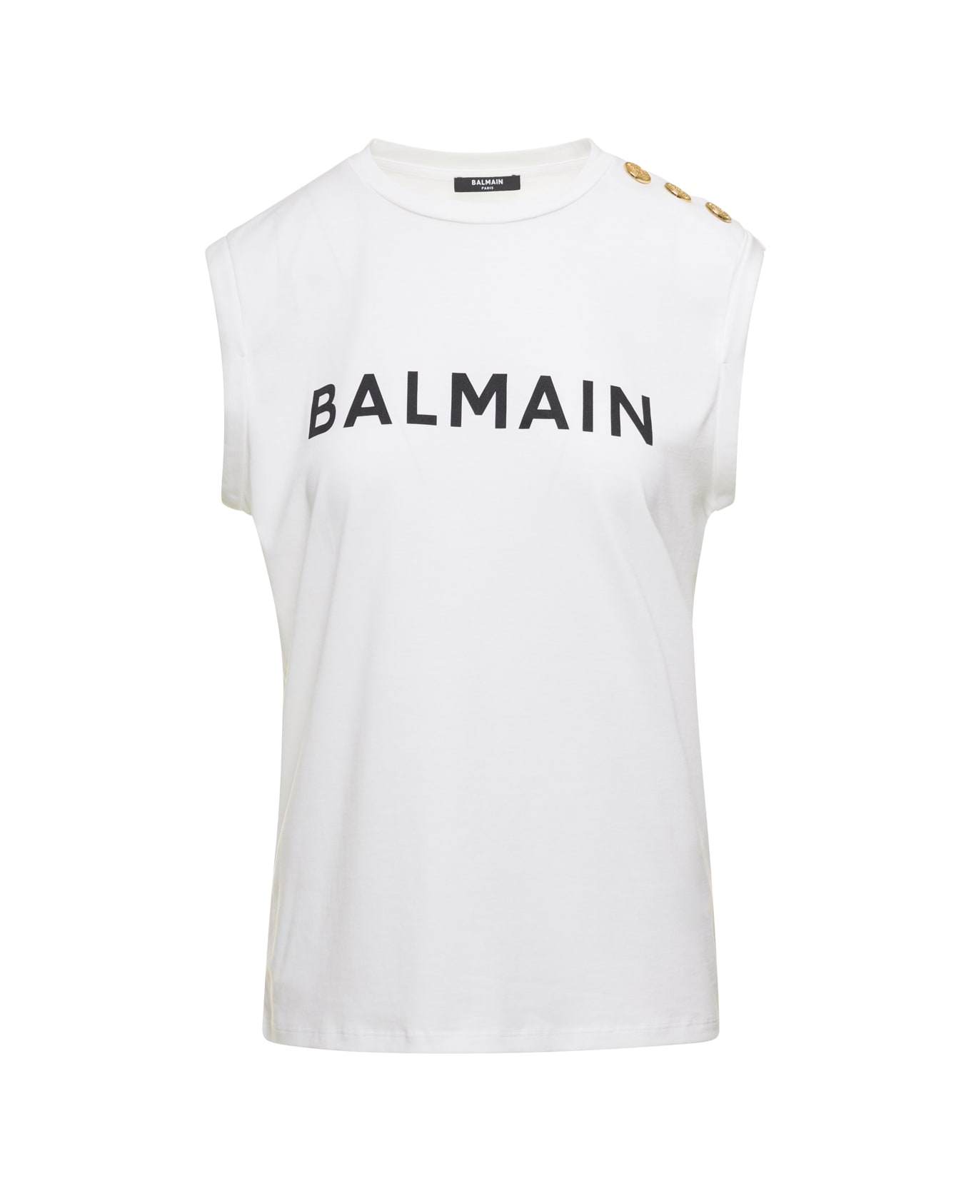 Balmain White Tank Top With Contrasting Lettering Print And Jewel Buttons In Cotton Donna Balmain - White