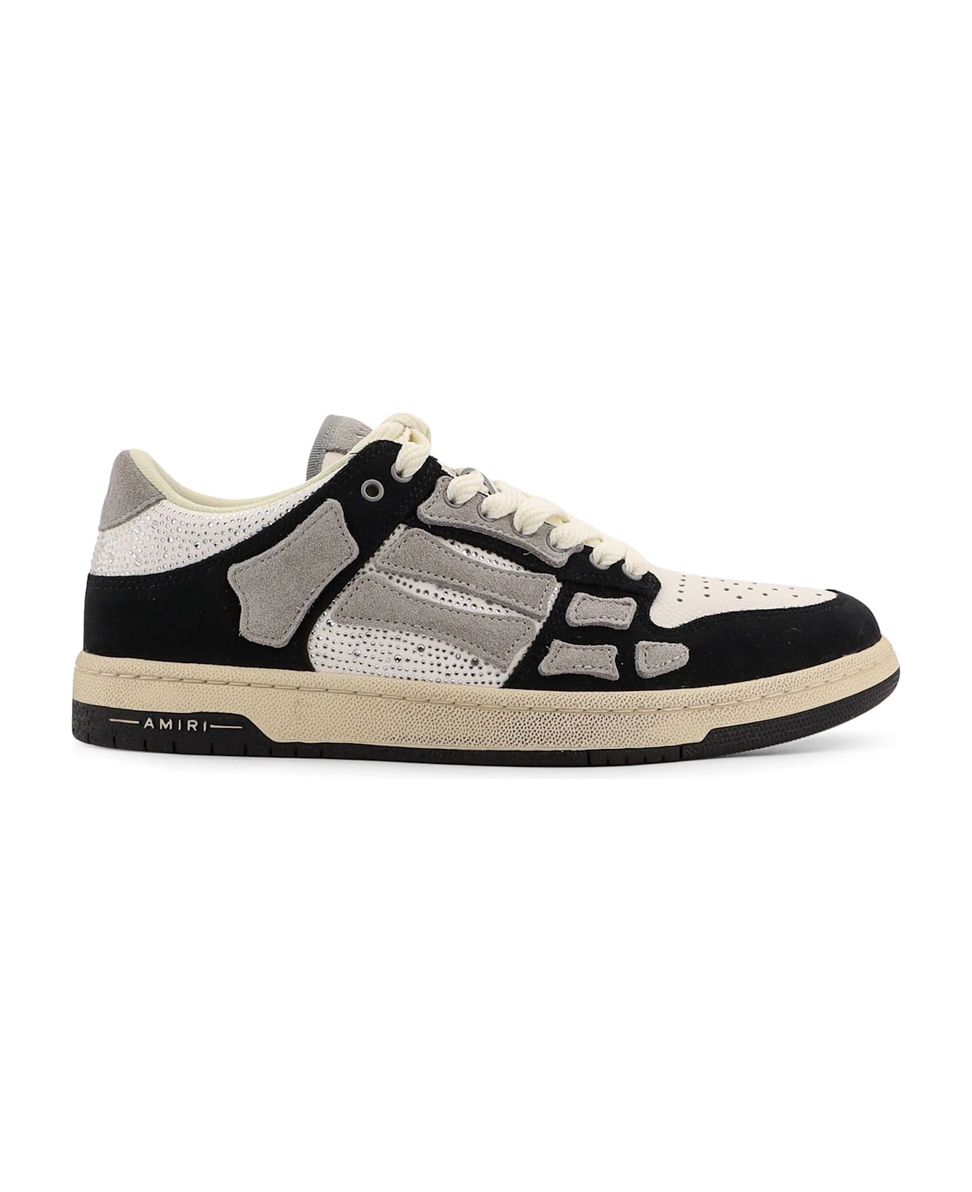 AMIRI Crystal Skel Top Low Leather And Suede Sneakers With Rhinestones Detail - White
