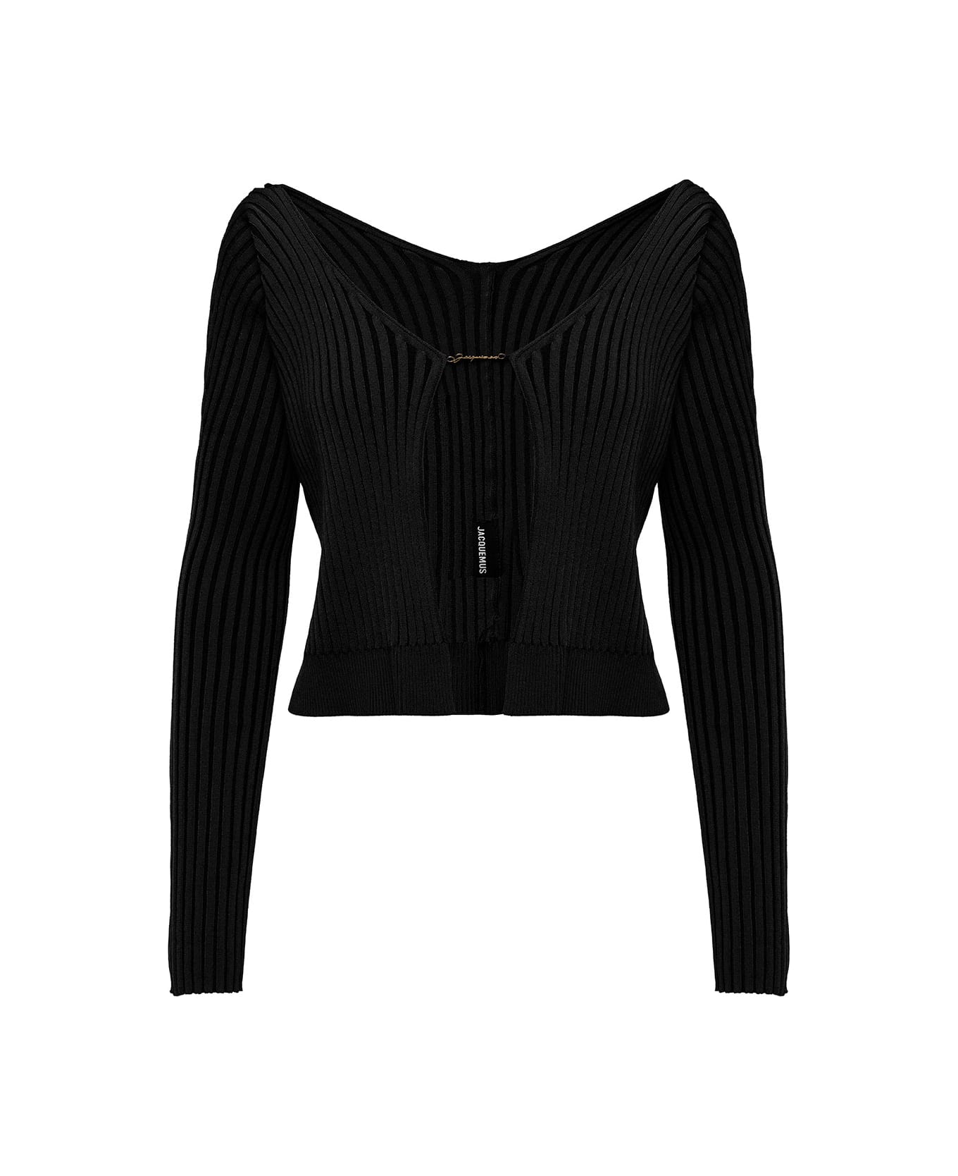 Jacquemus 'la Maille Pralu Longue' Black Ribbed Cardigan With Logo Charm Woman - Black