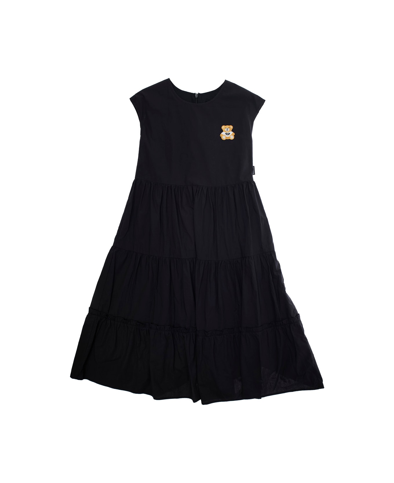 Moschino Black Flounced Dress With Teddy Bear Patch In Stretch Cotton Girl - Black