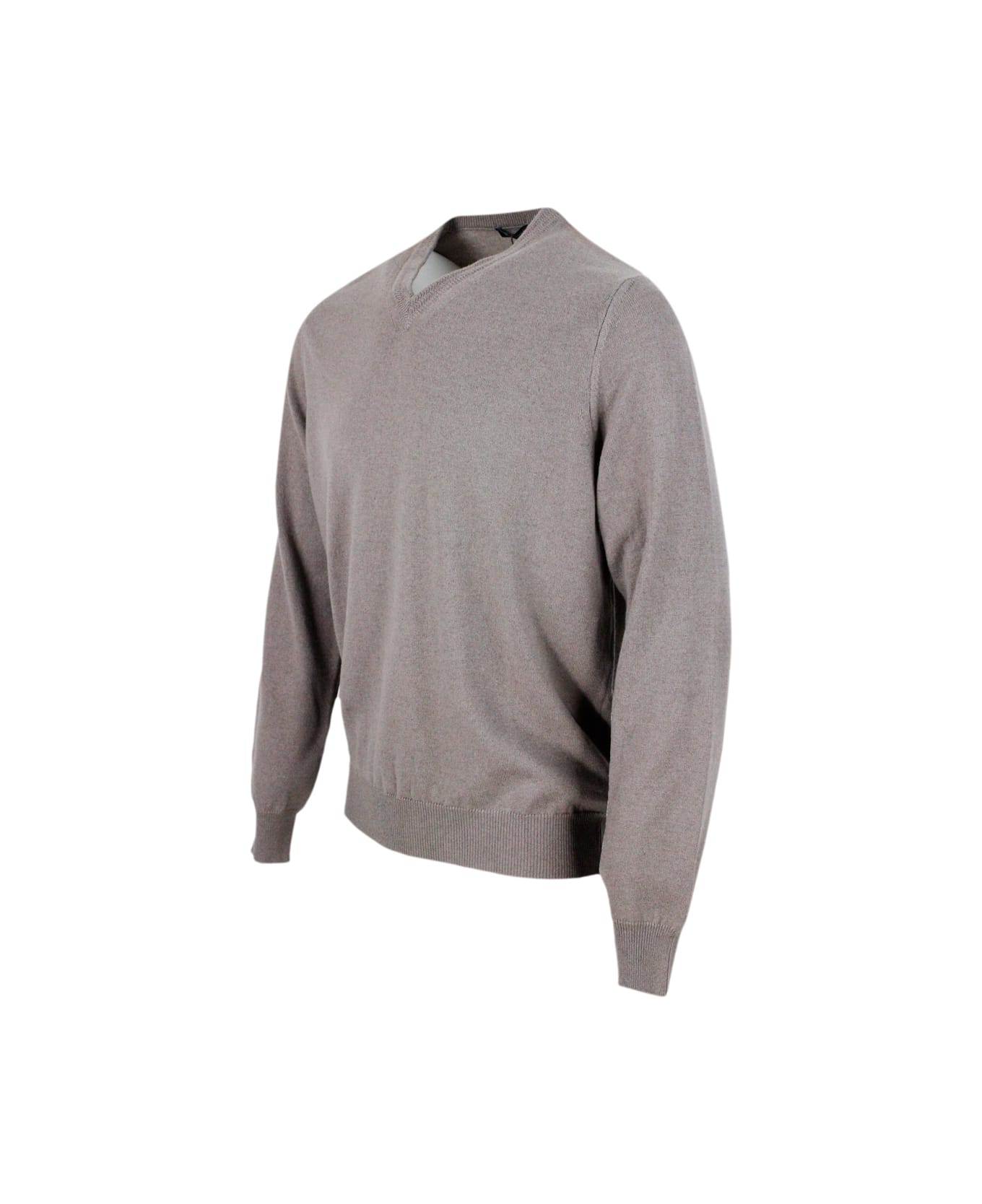 Colombo Long-sleeved V-neck Sweater In Fine 2-ply 100% Kid Cashmere With Special Processing On The Edge Of The Neck - Grey Mink