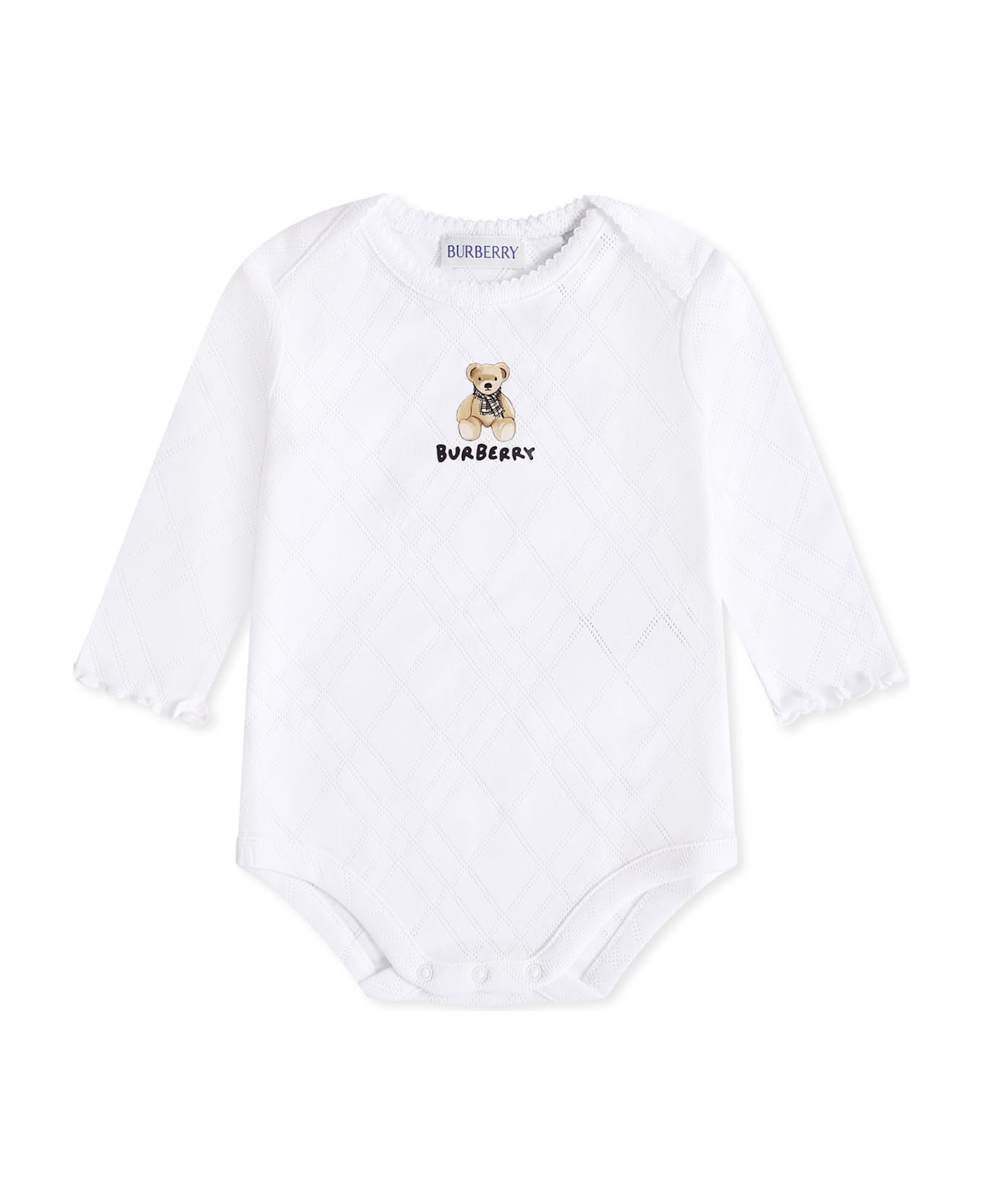Burberry White Bodysuit For Babykids With Teddy Bear - White