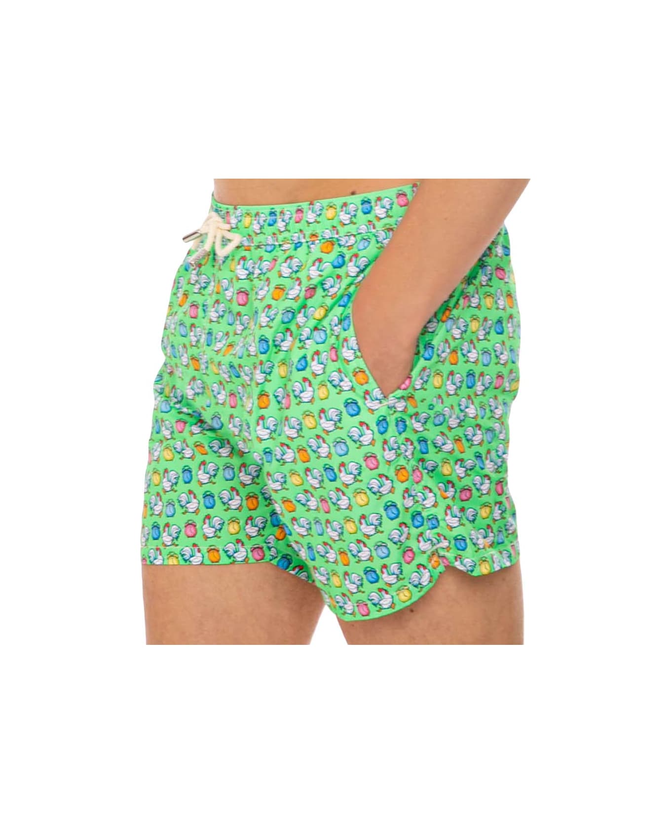 MC2 Saint Barth Light Fabric Man Swim Shorts Roosters Print - GREEN